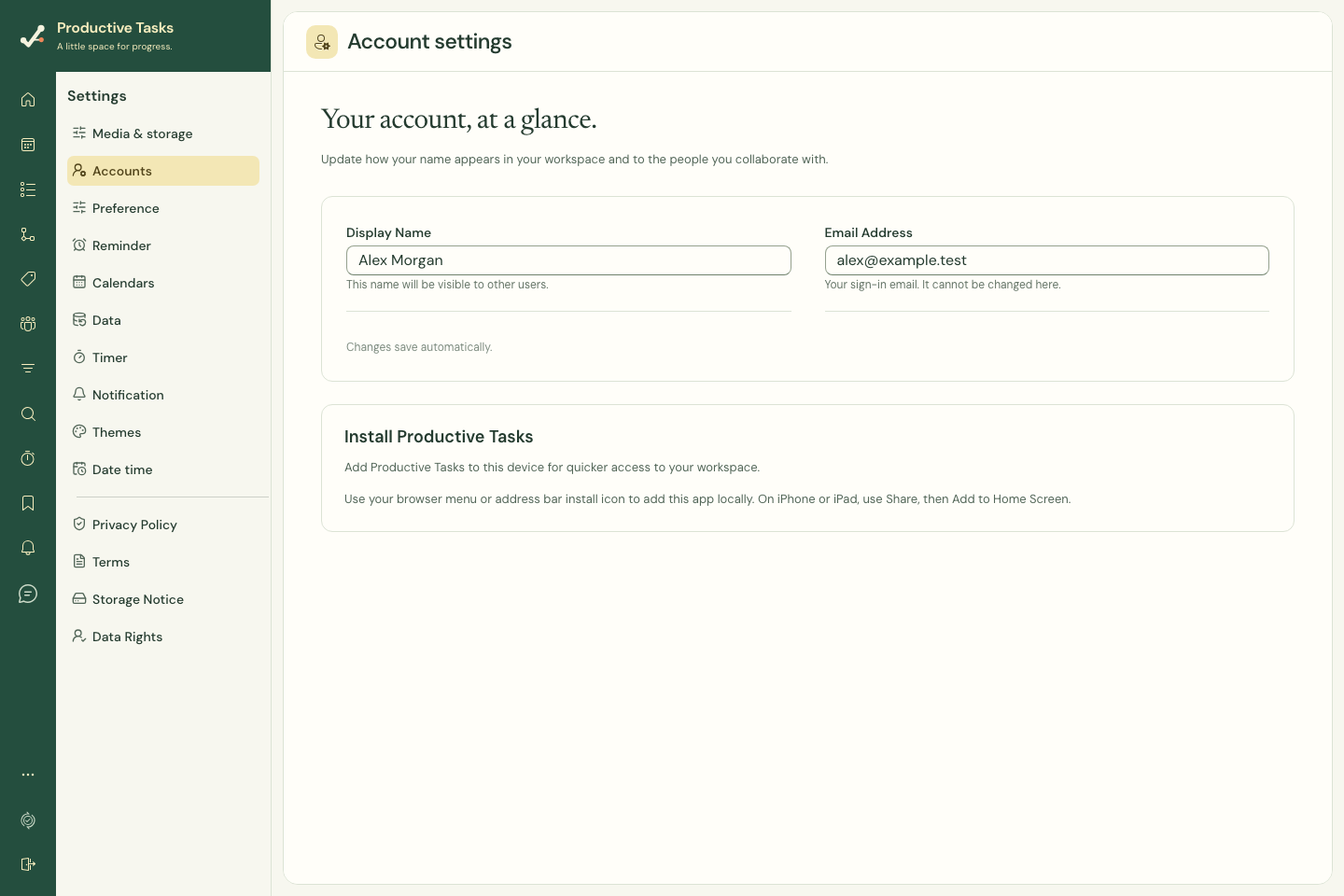 Account settings with fictional profile details.