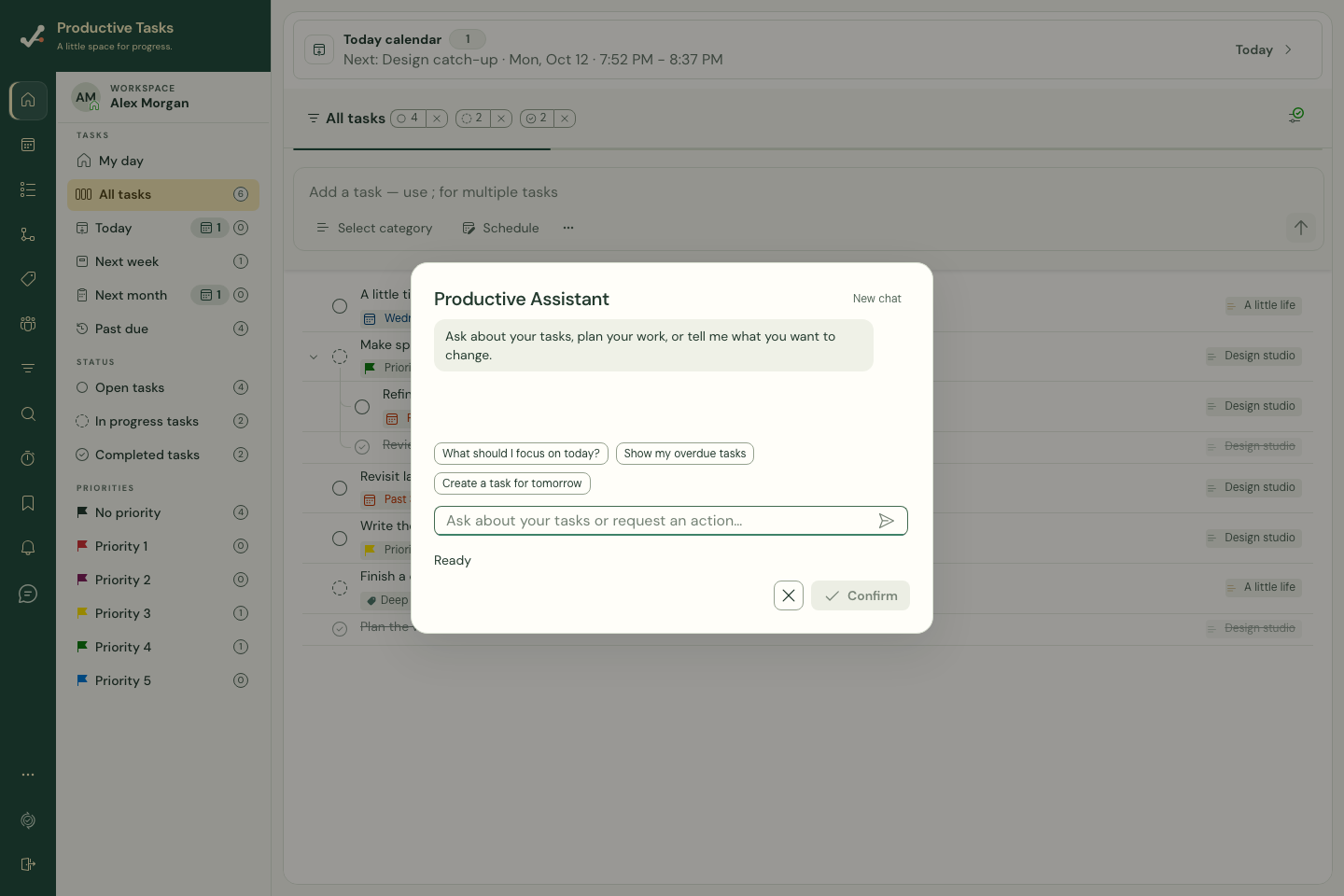 The assistant accepts a request and presents a confirmation area.