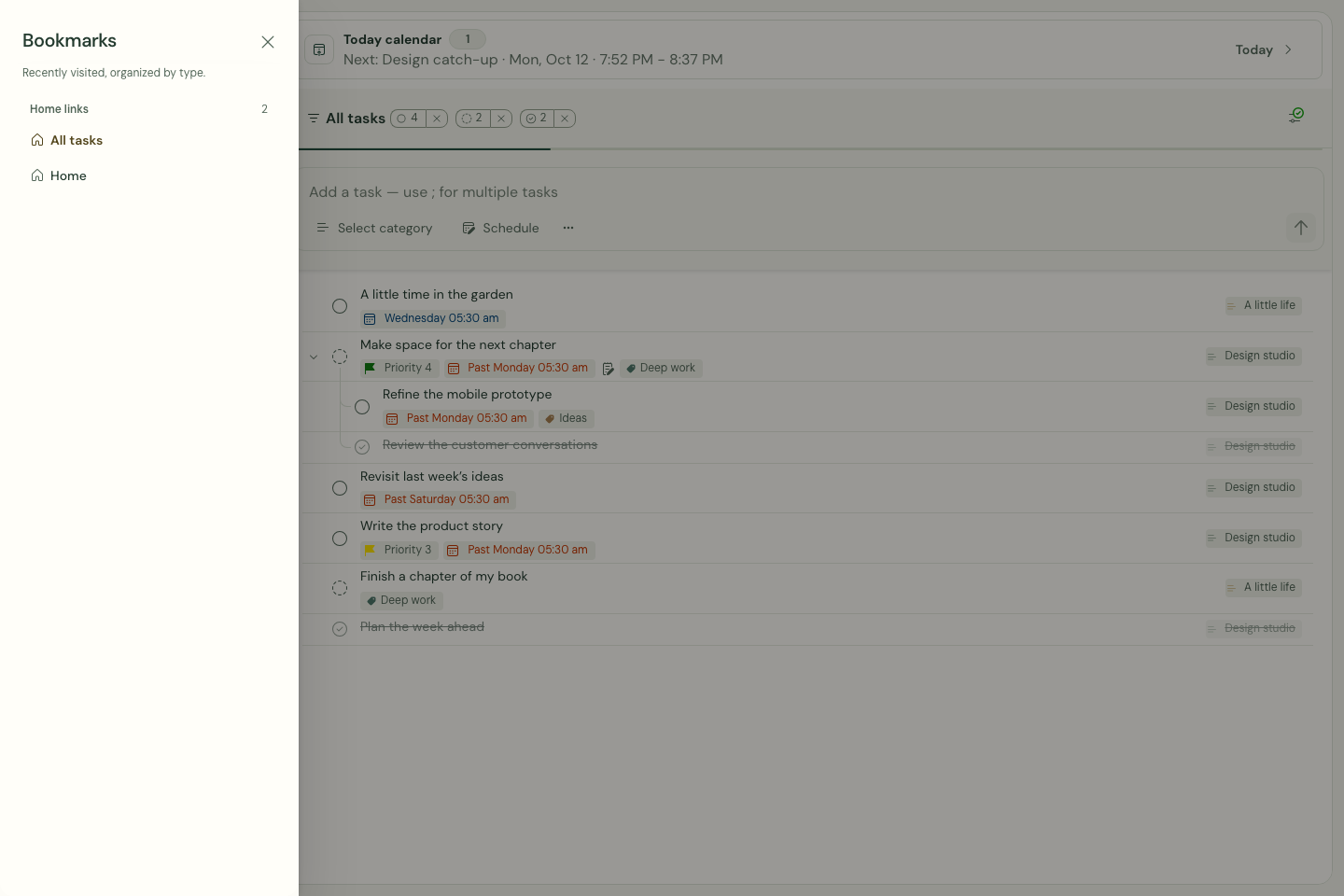 Bookmarks shows recently visited destinations grouped by type.