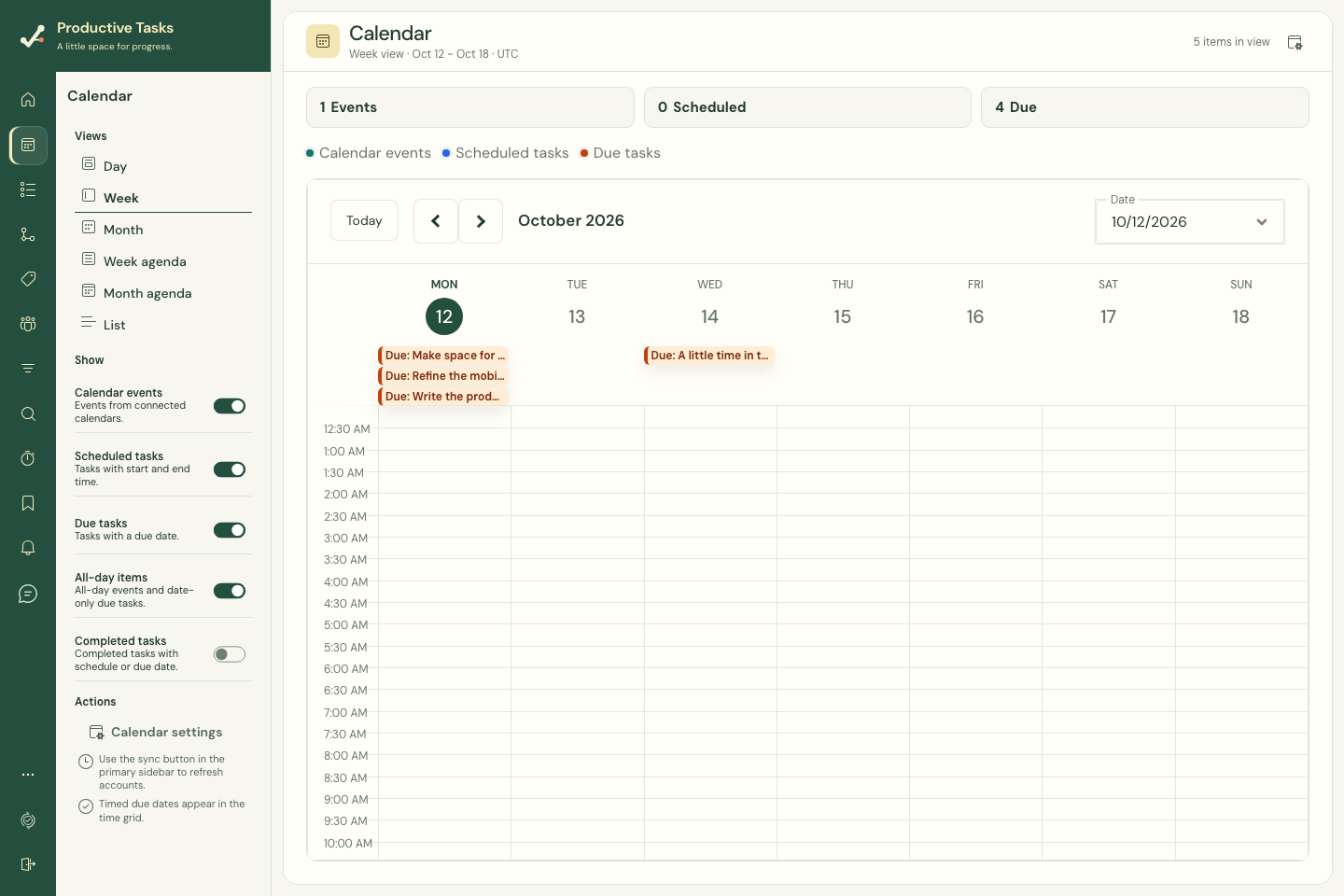 The web calendar distinguishes calendar events, scheduled tasks, and due tasks.