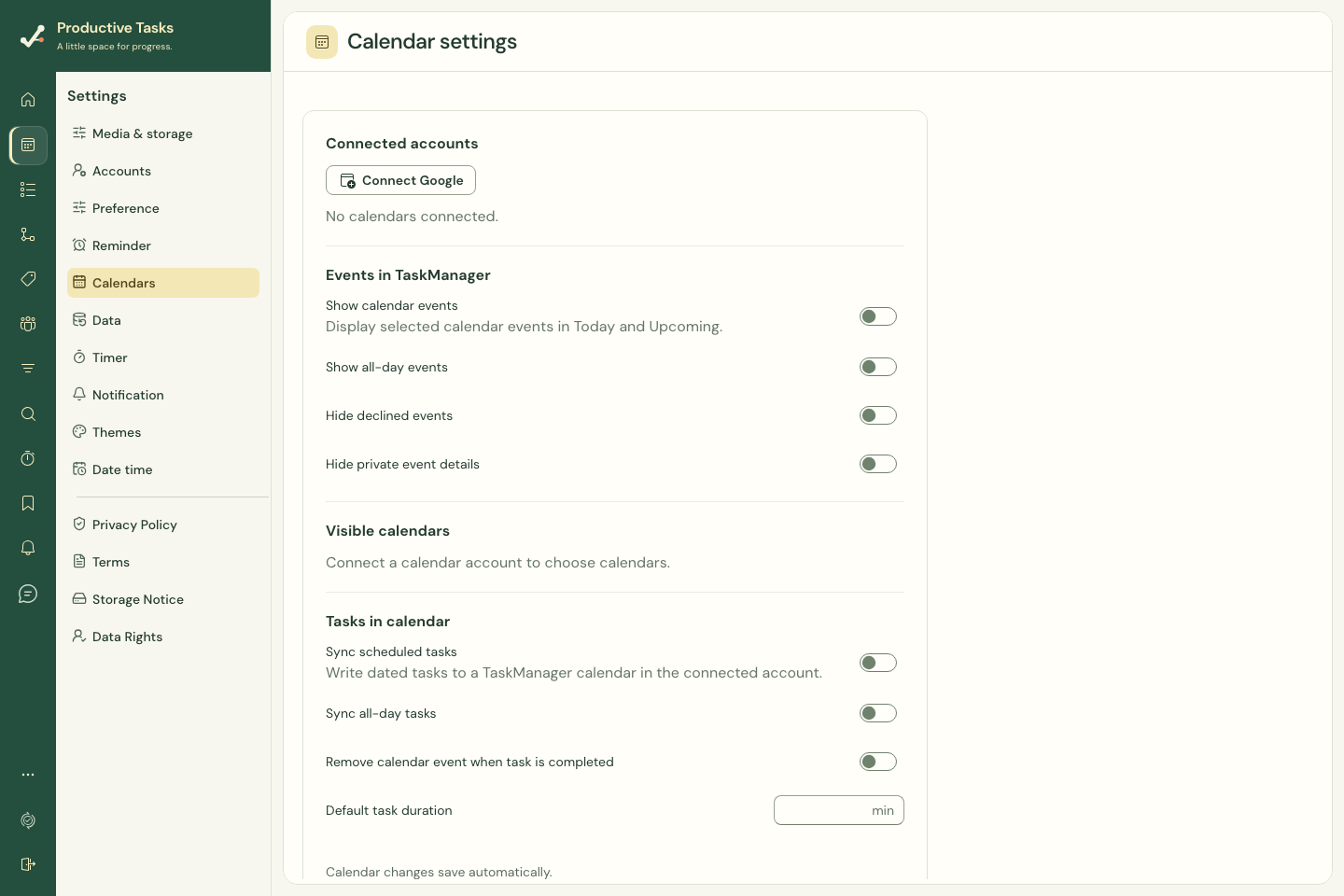 Calendar settings expose connection and visibility options.