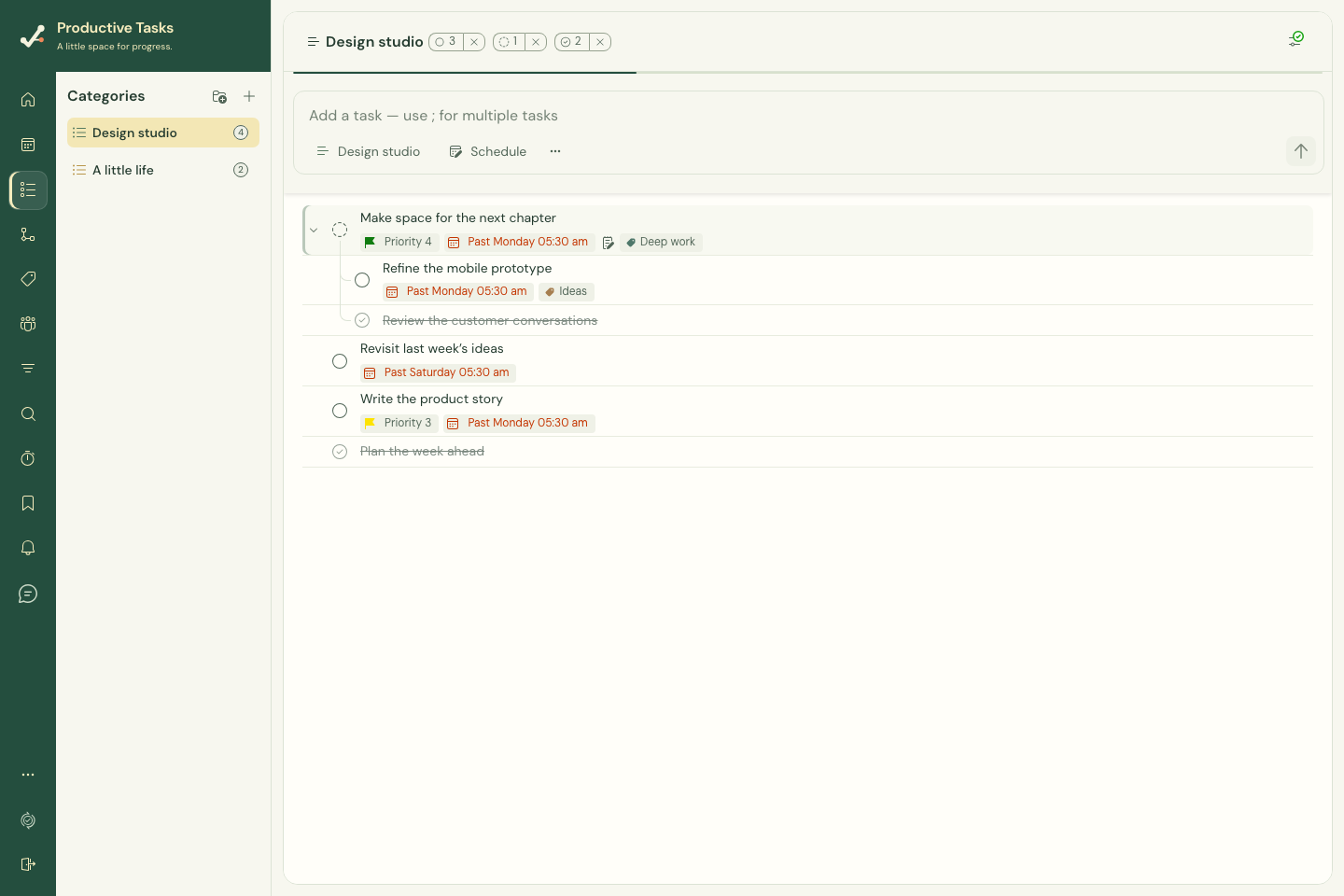 A category selected in the web sidebar and its connected task tree.