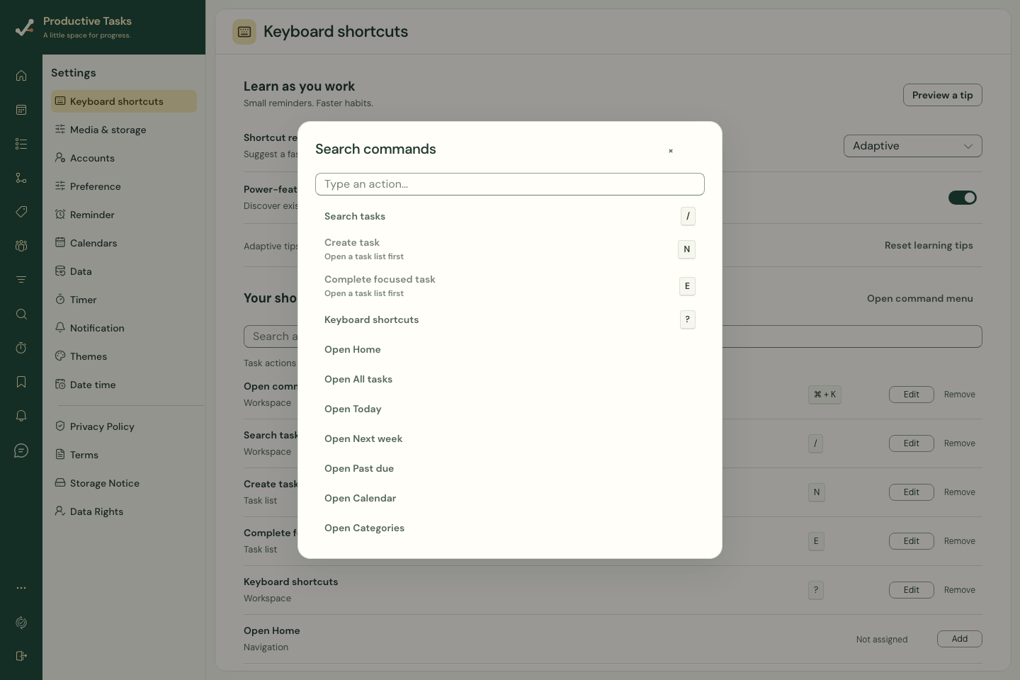 The command menu shows matching app actions and their assigned shortcuts.