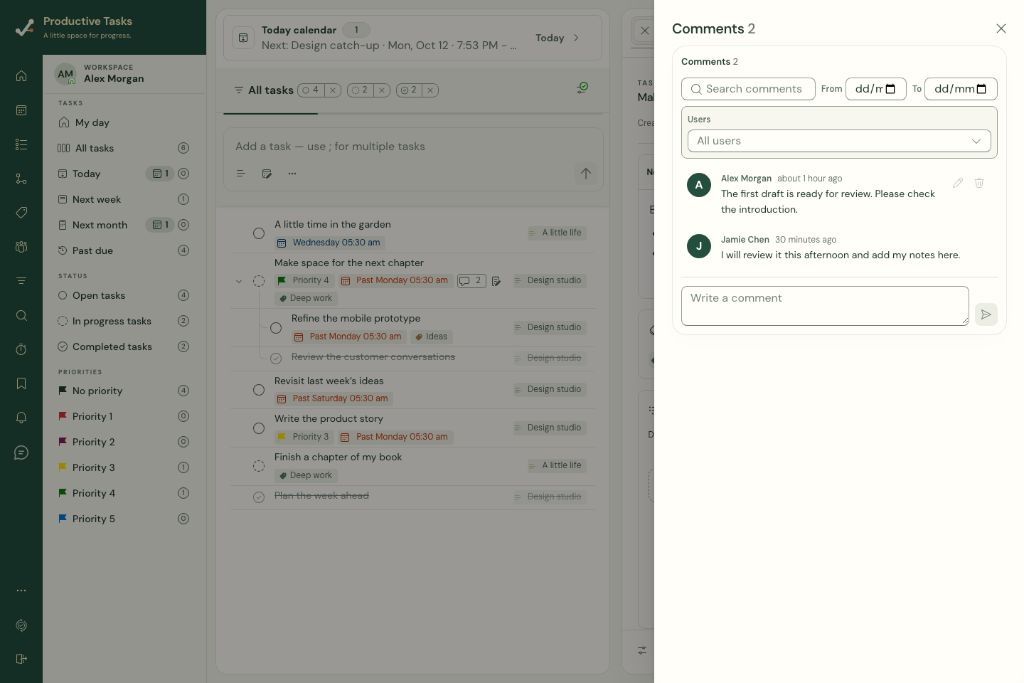 Comments beside a task, with text search, date filters, and a comment composer.