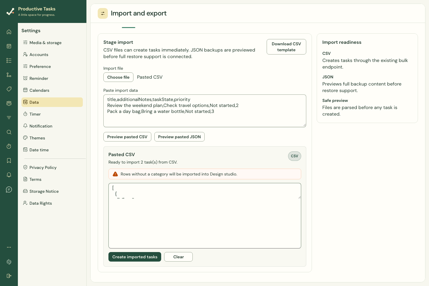 CSV preview of two tasks, a default-category warning, and the Create imported tasks button.