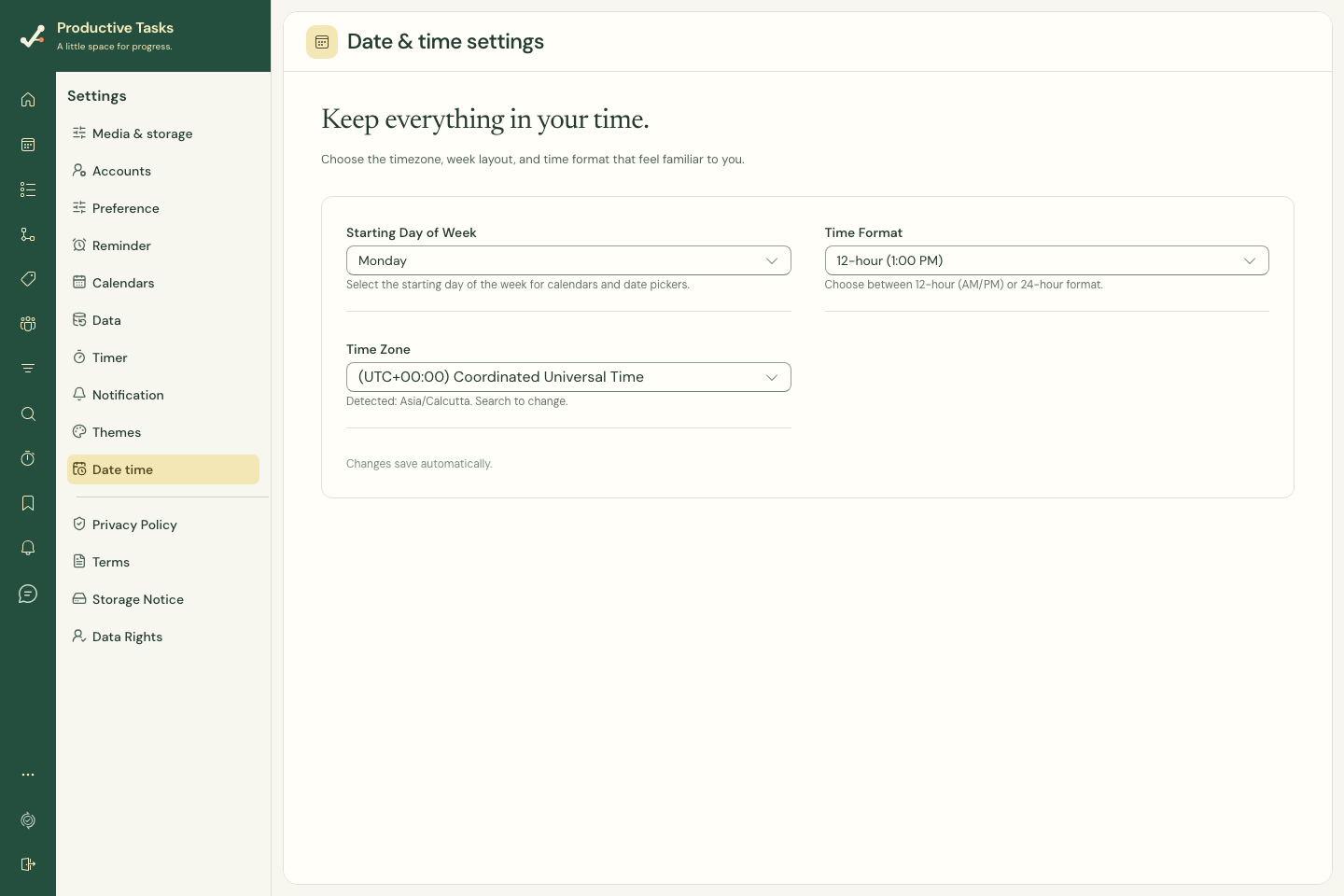 Account date and time settings.