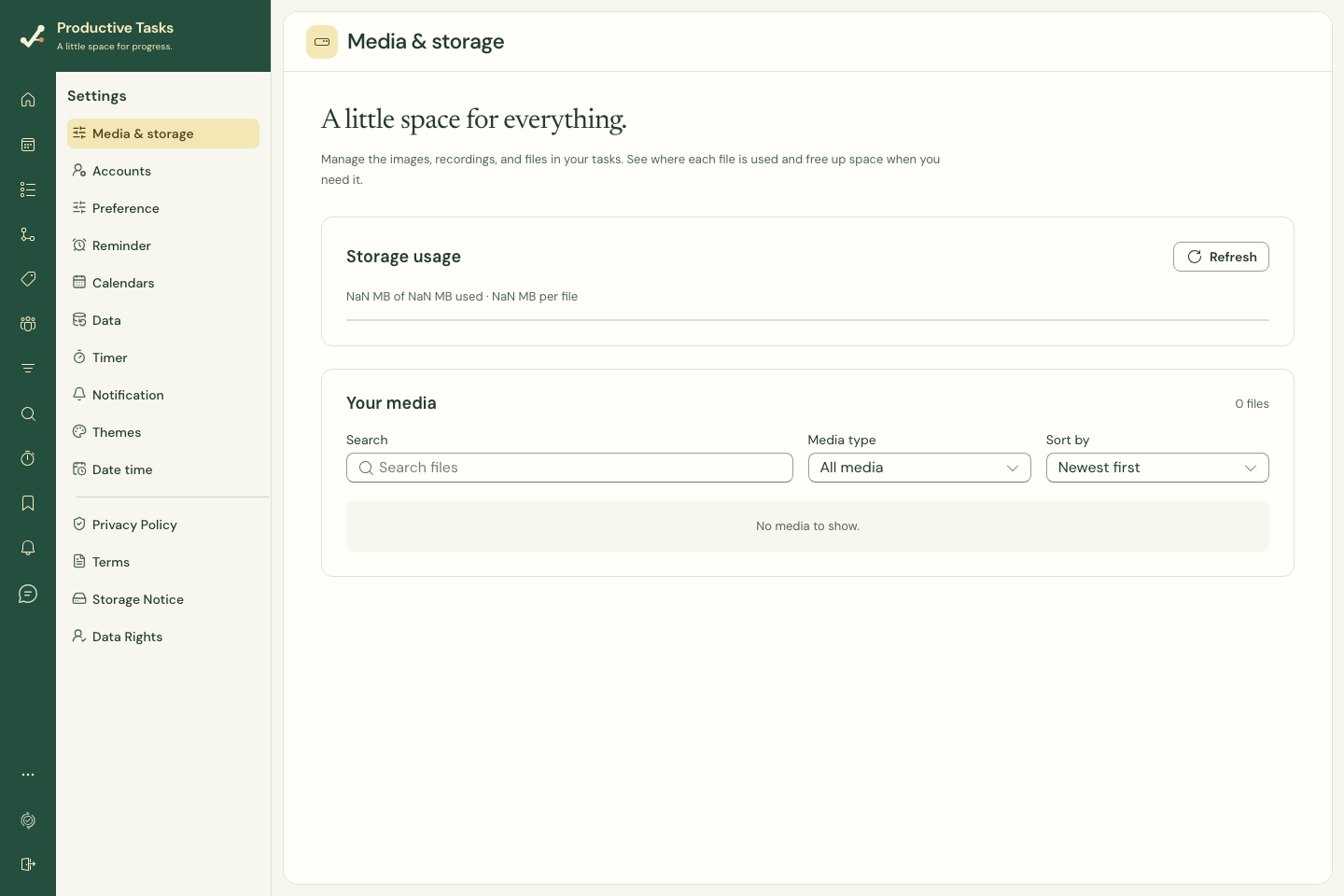 Media & storage includes search, media-type filtering, and sort controls.