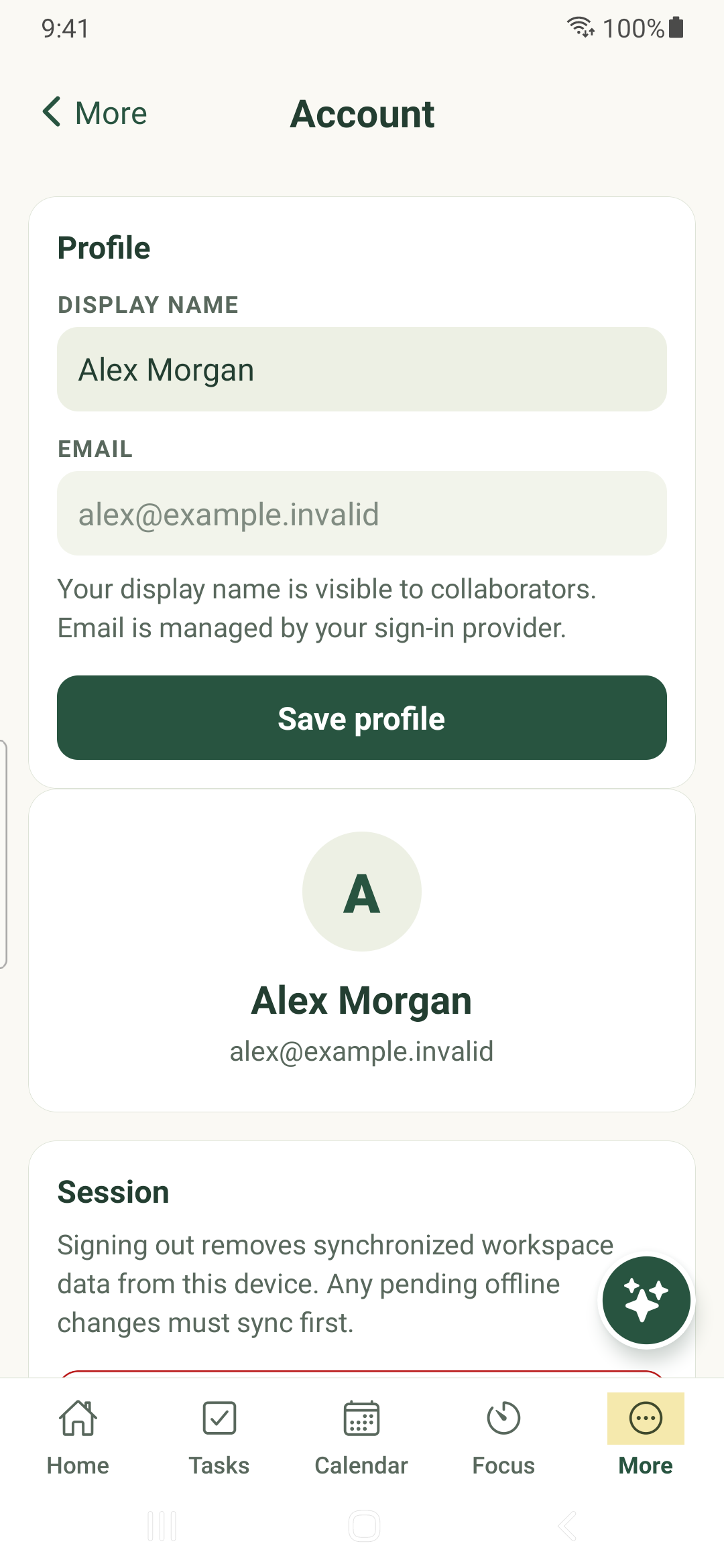 Account profile with a fictional name and email on Android.