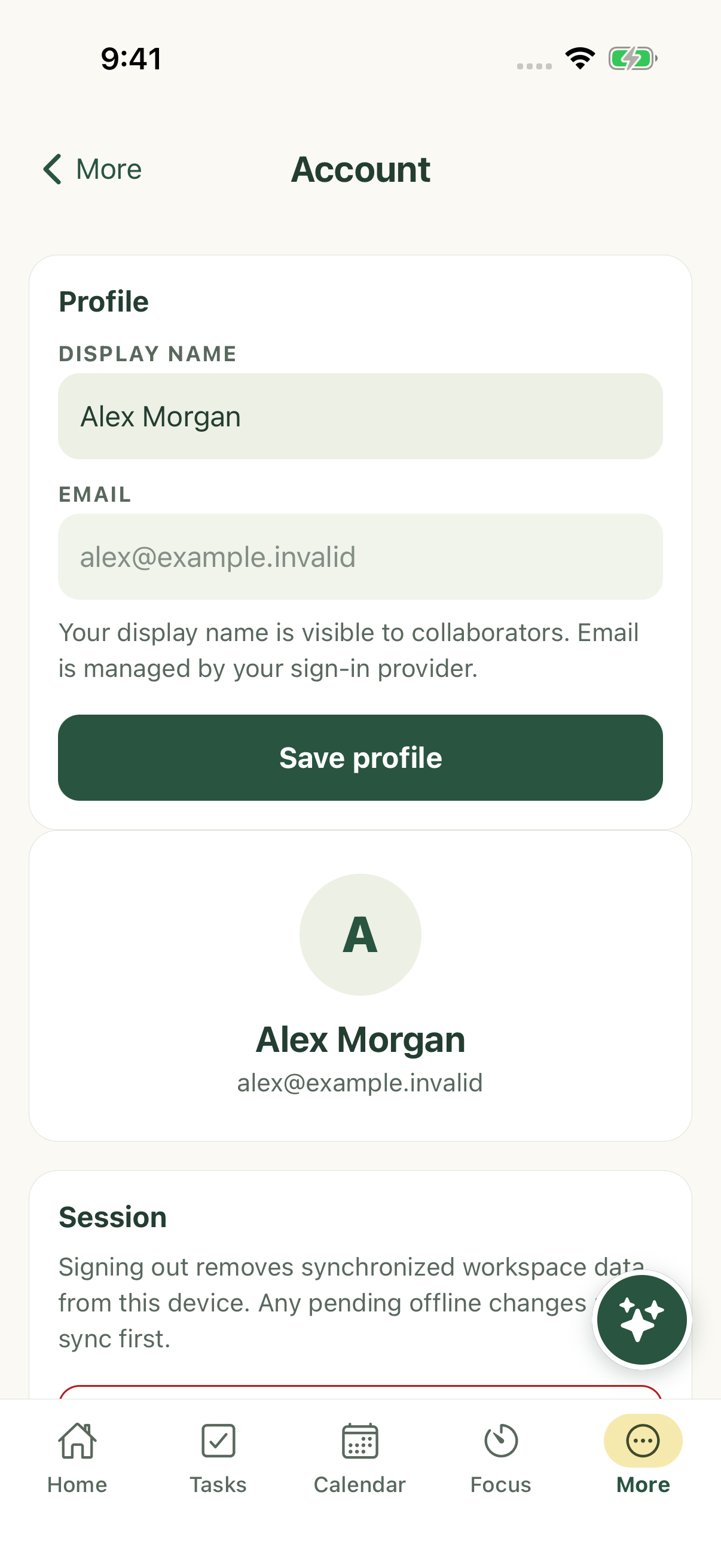 Account profile with a fictional name and email on iPhone.