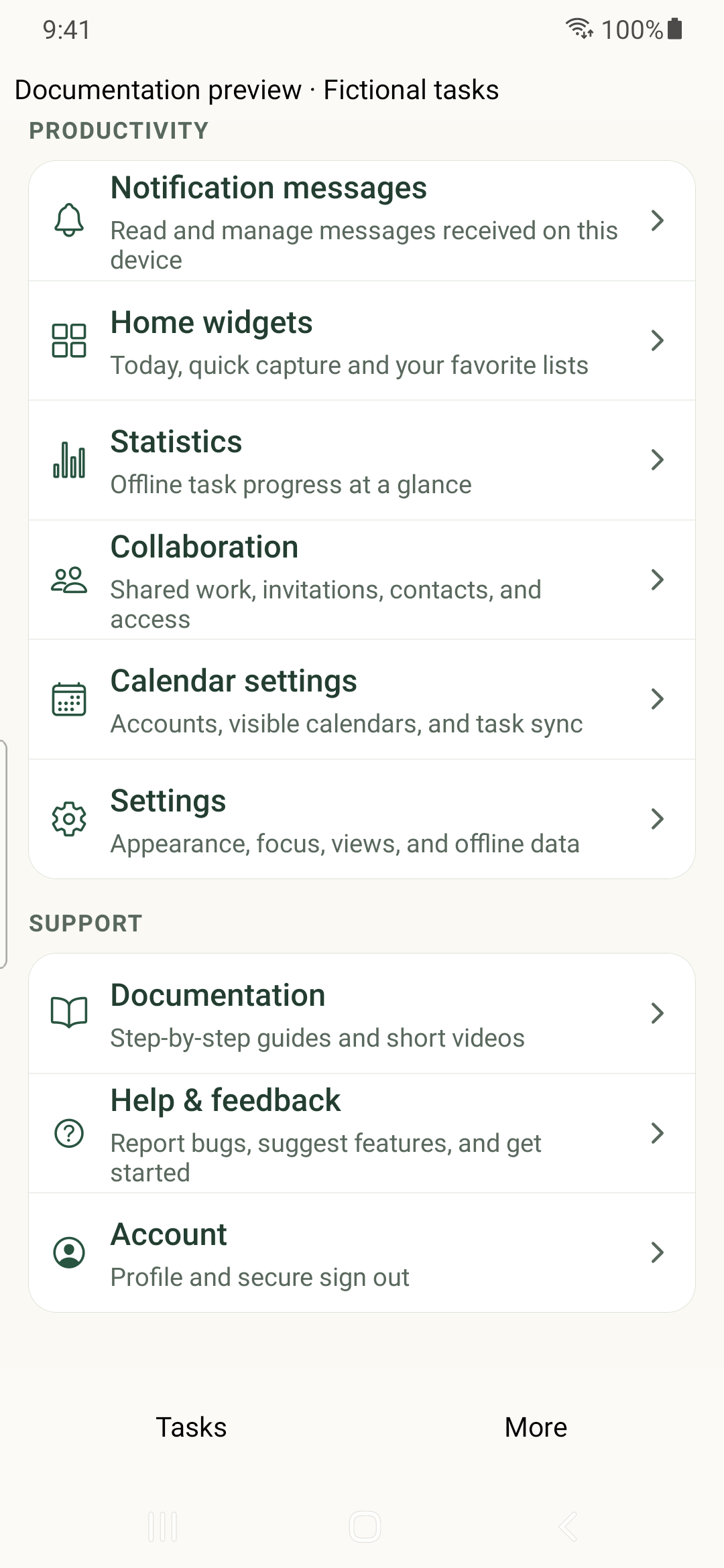 The native Android More screen shows Documentation in the Support section.
