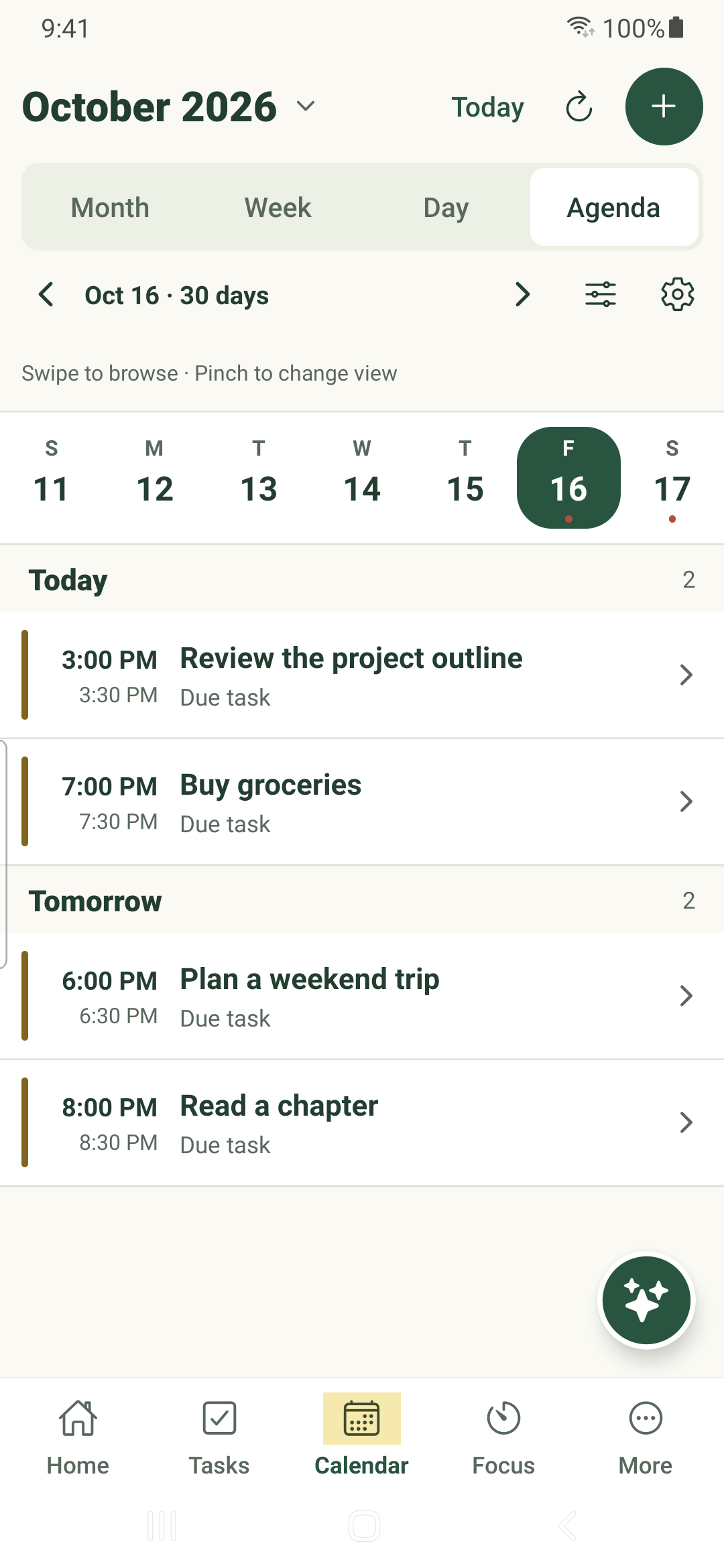 Calendar Agenda with fictional scheduled tasks on Android.