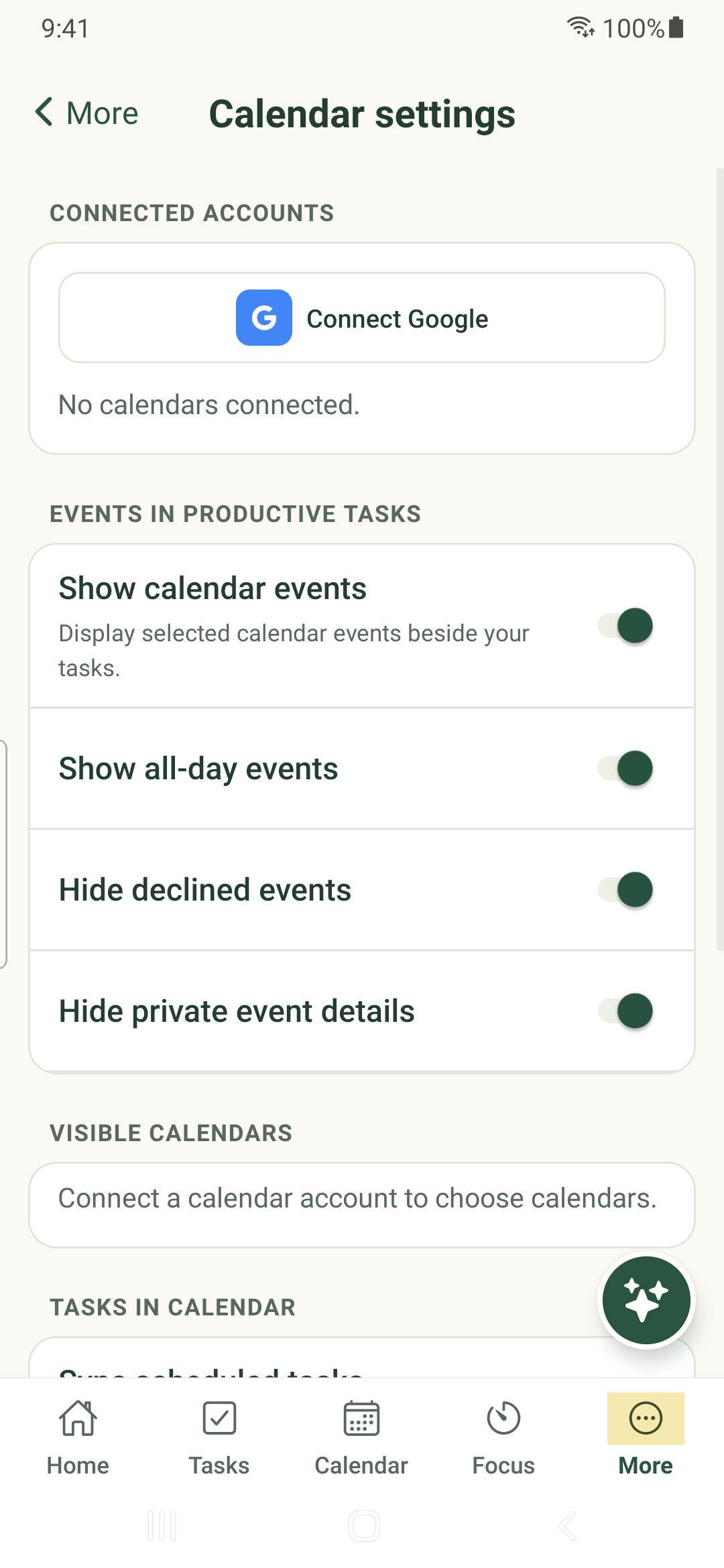 Calendar account settings with no provider connected on Android.