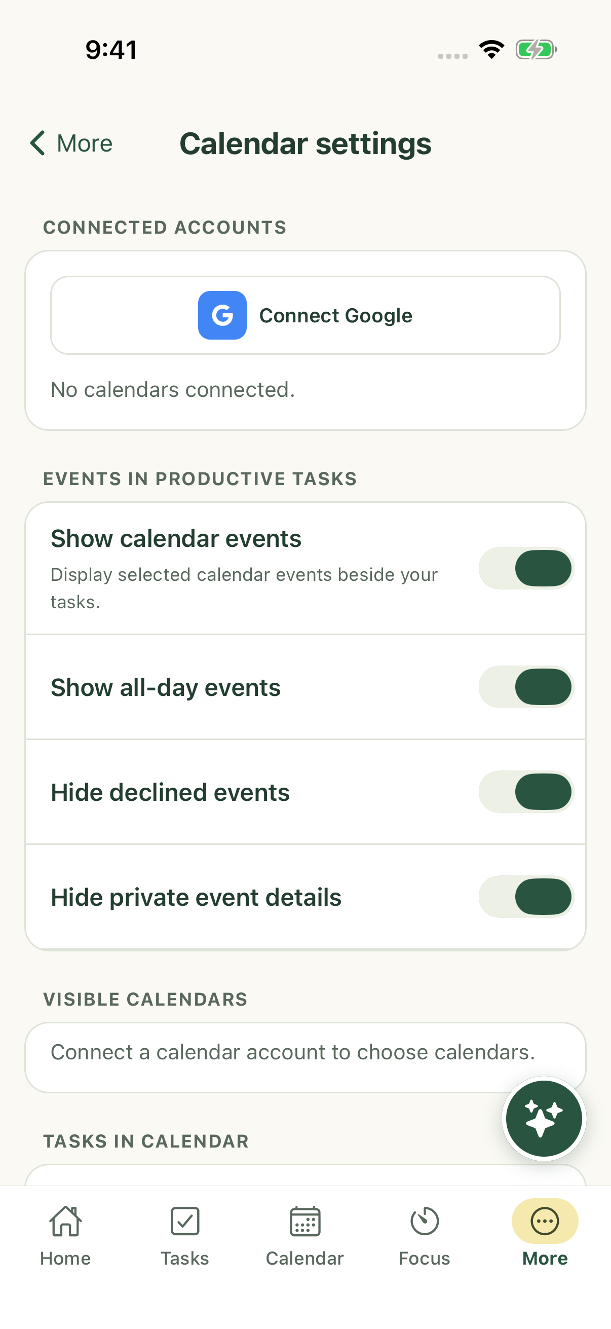 Calendar account settings with no provider connected on iPhone.