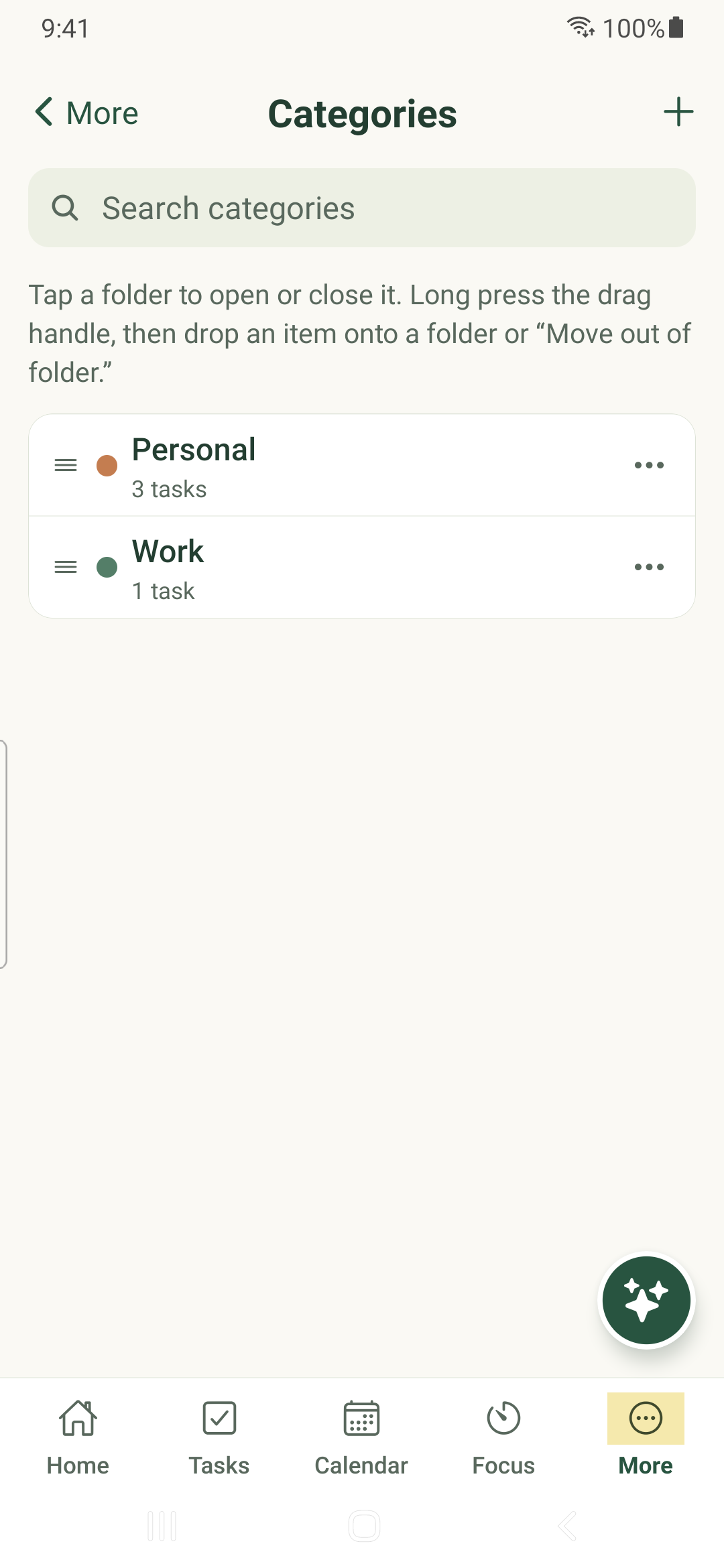 Categories and their management controls on Android.