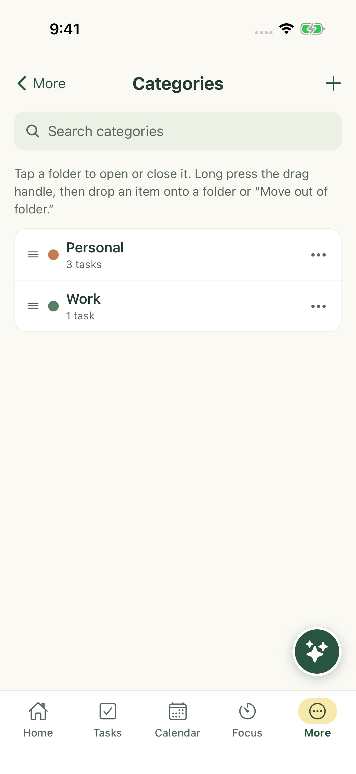 Categories and their management controls on iPhone.