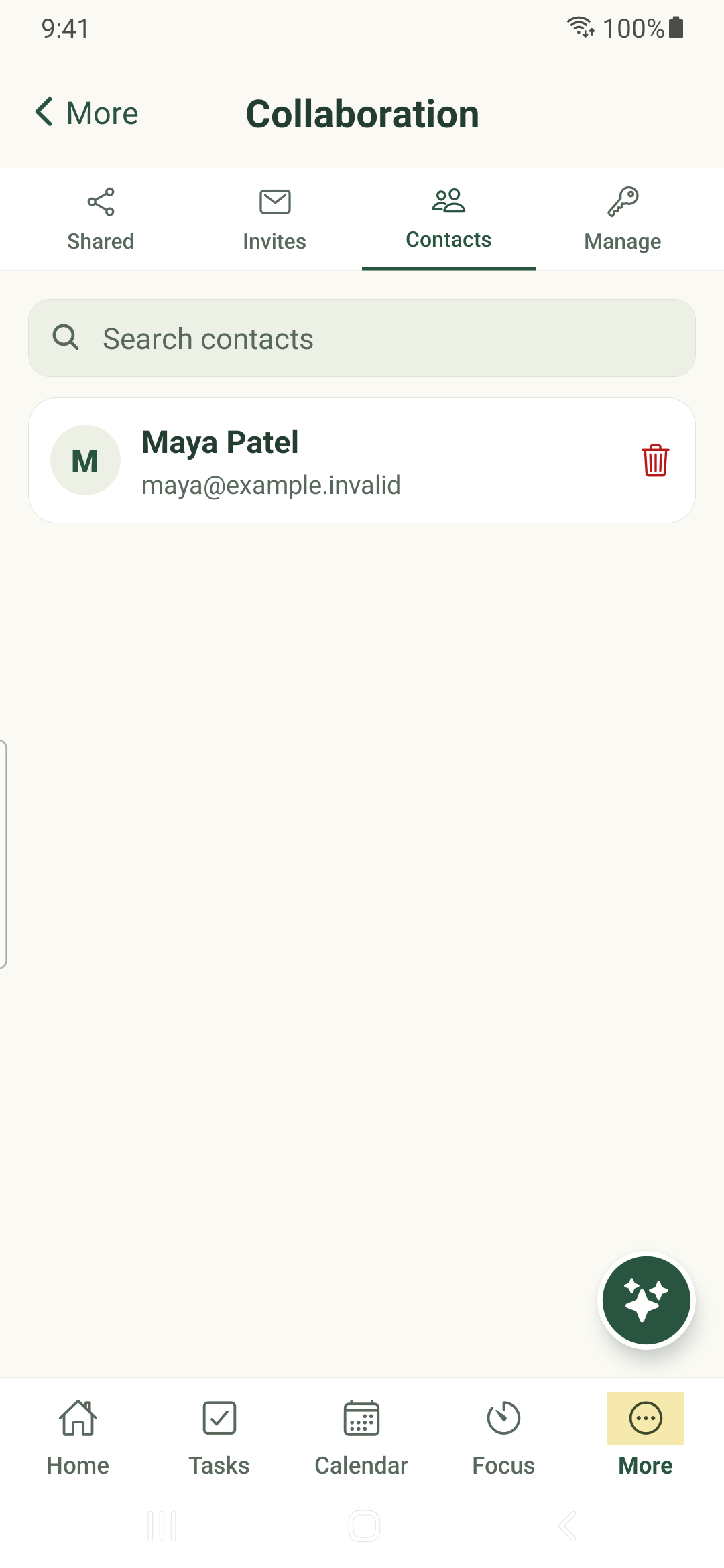 Collaboration Contacts with a fictional contact on Android.