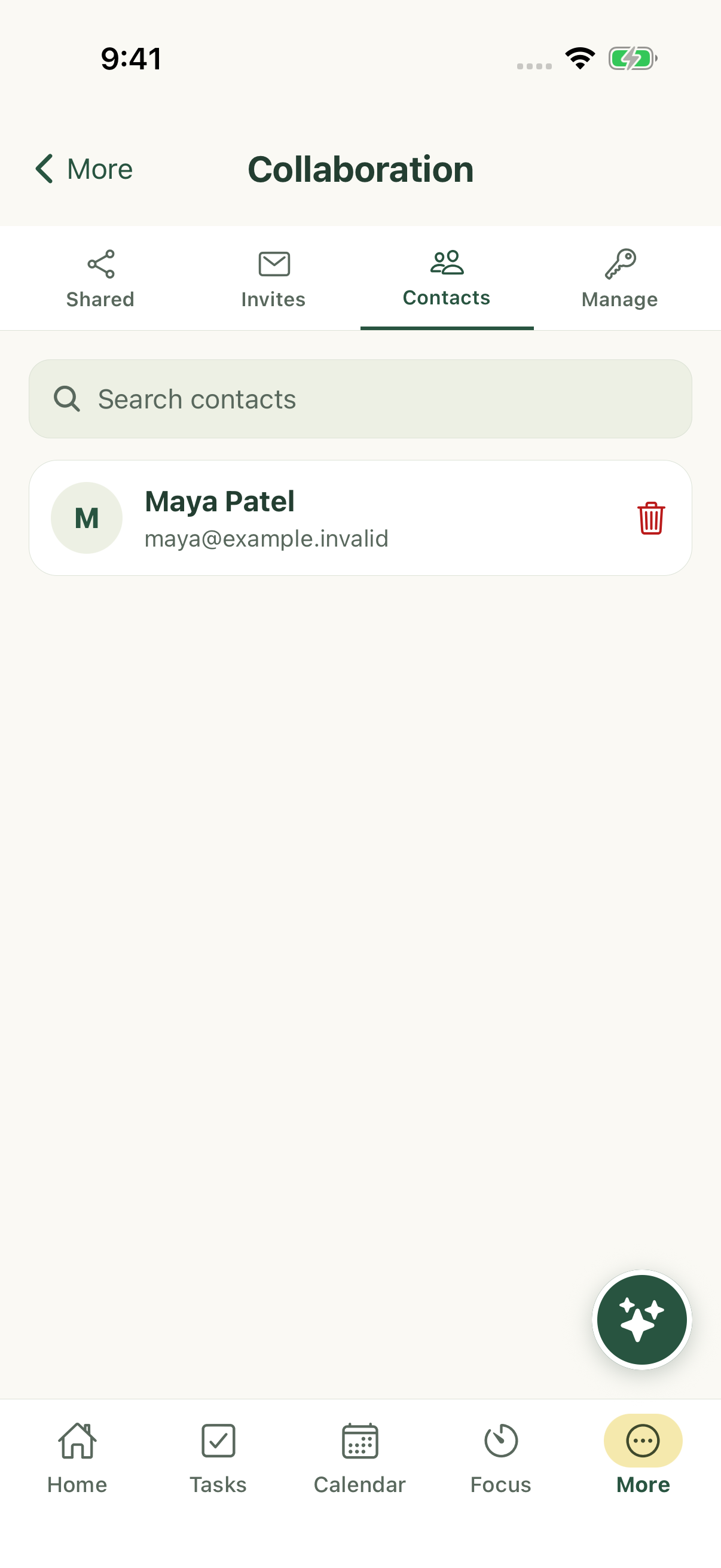 Collaboration Contacts with a fictional contact on iPhone.