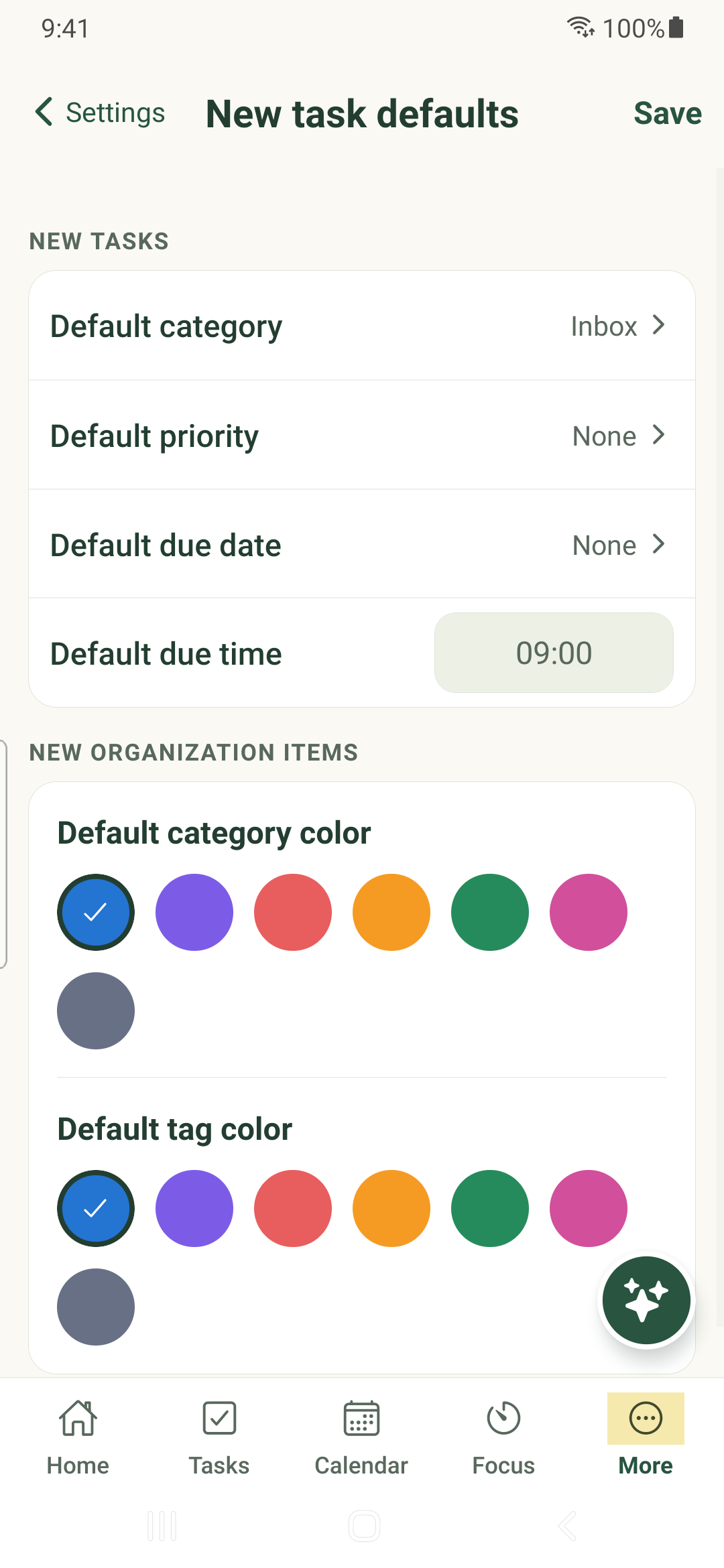 New-task defaults in native Settings on Android.