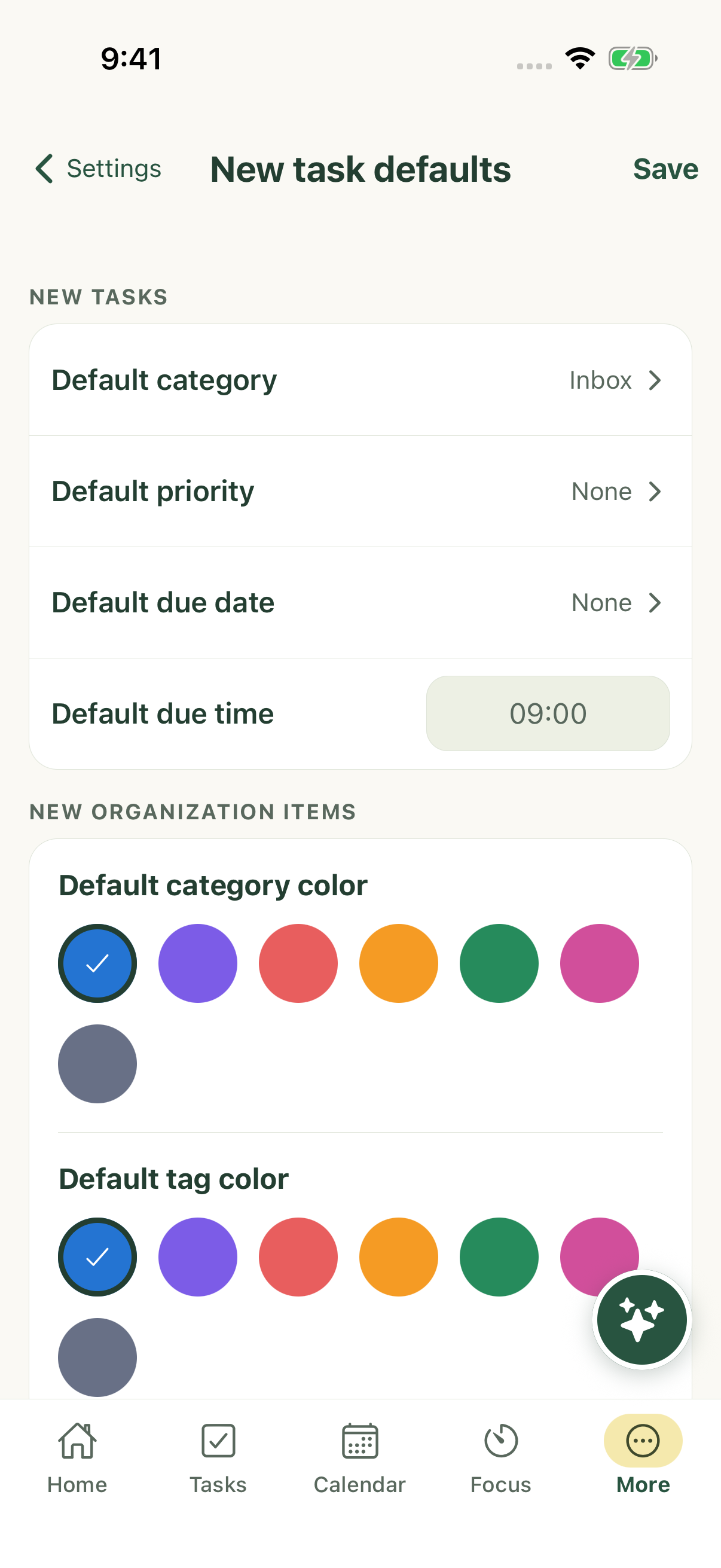 New-task defaults in native Settings on iPhone.