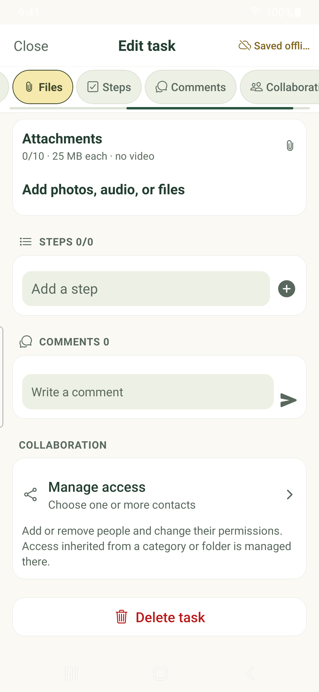Task attachments, checklist steps and comments on Android.