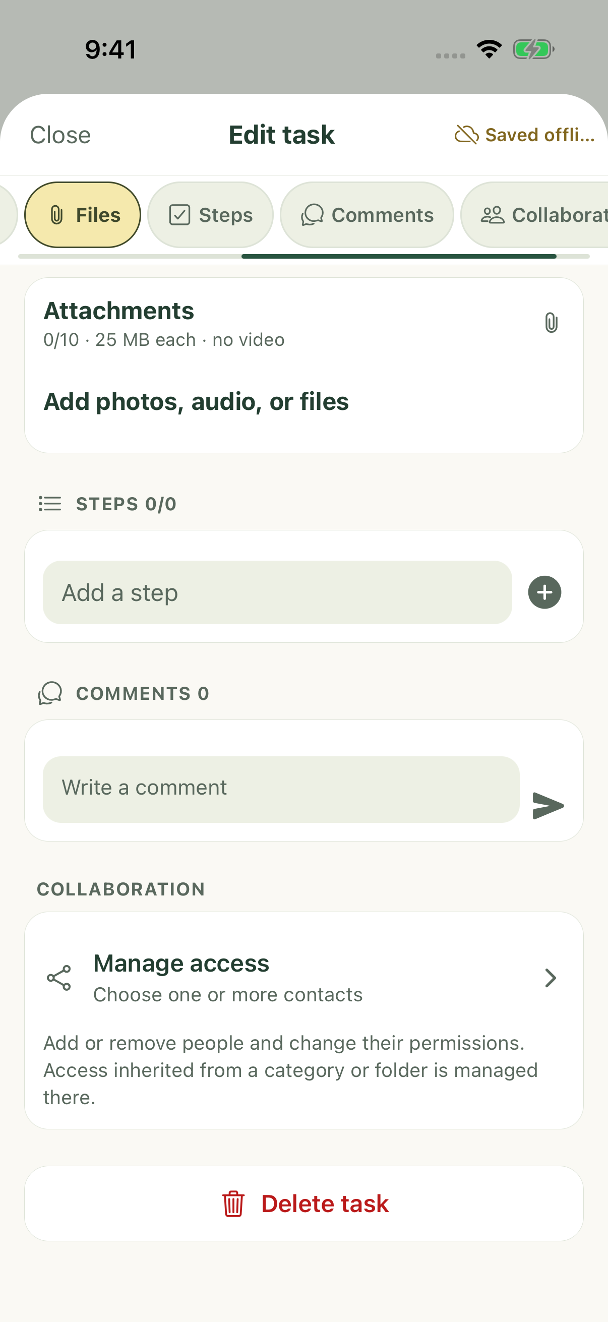 Task attachments, checklist steps and comments on iPhone.