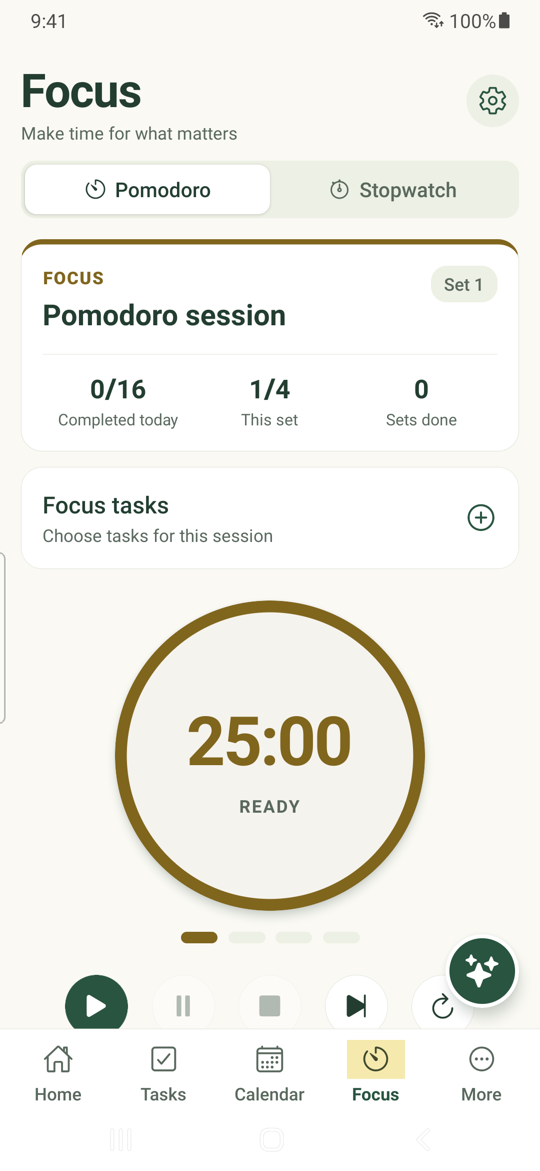 Focus Pomodoro controls before starting a session on Android.