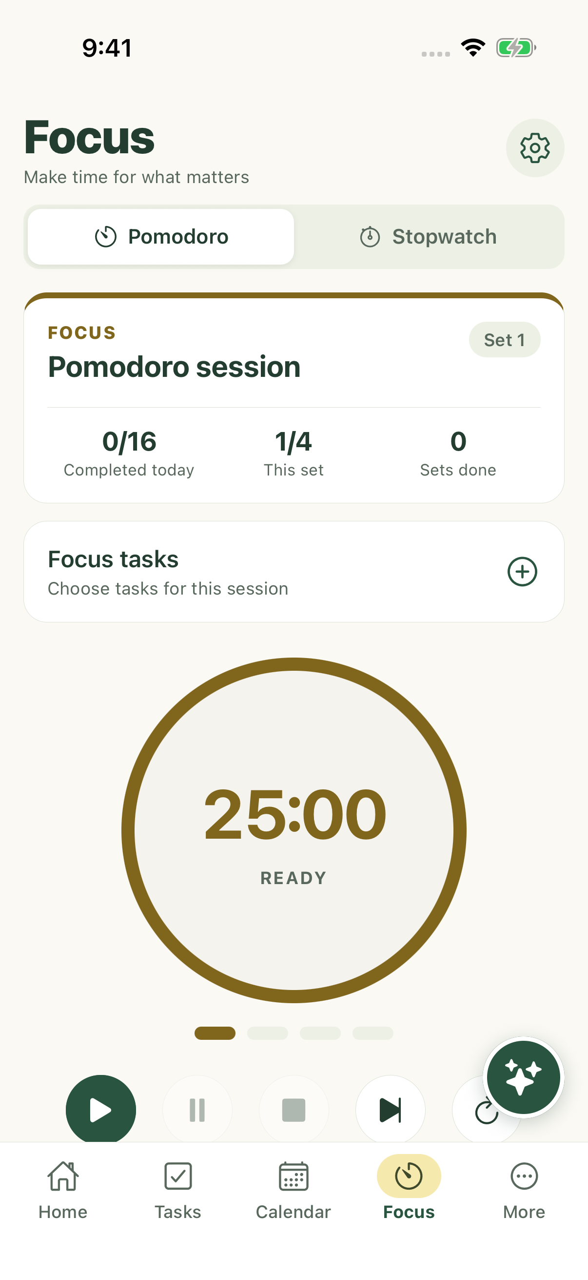 Focus Pomodoro controls before starting a session on iPhone.