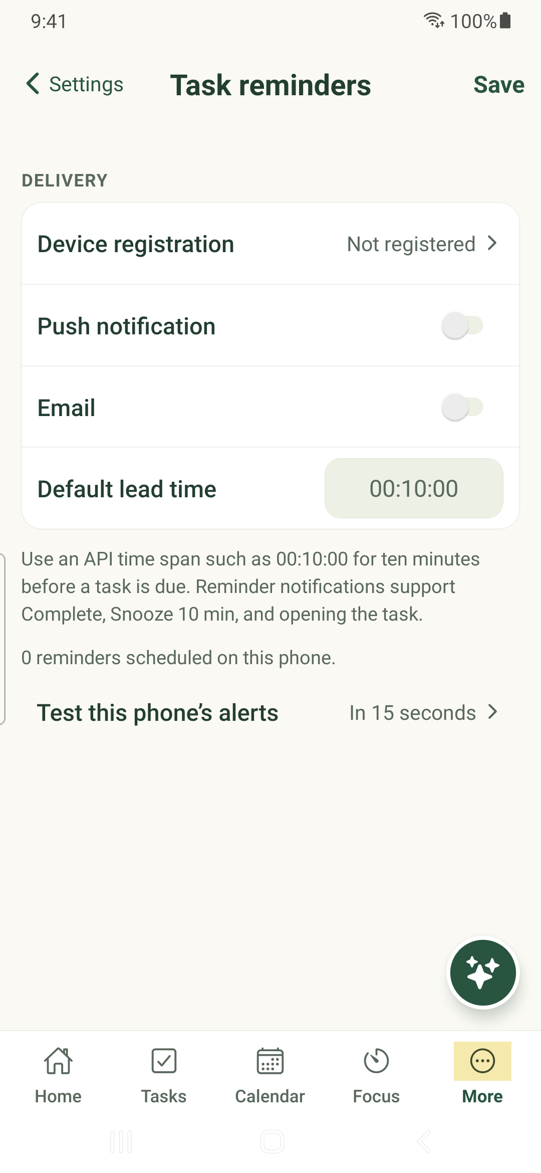 Account-level task reminder preferences on Android.