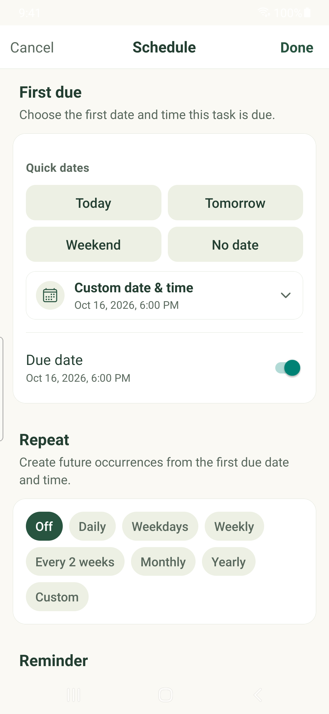 First due date and recurrence controls on Android.
