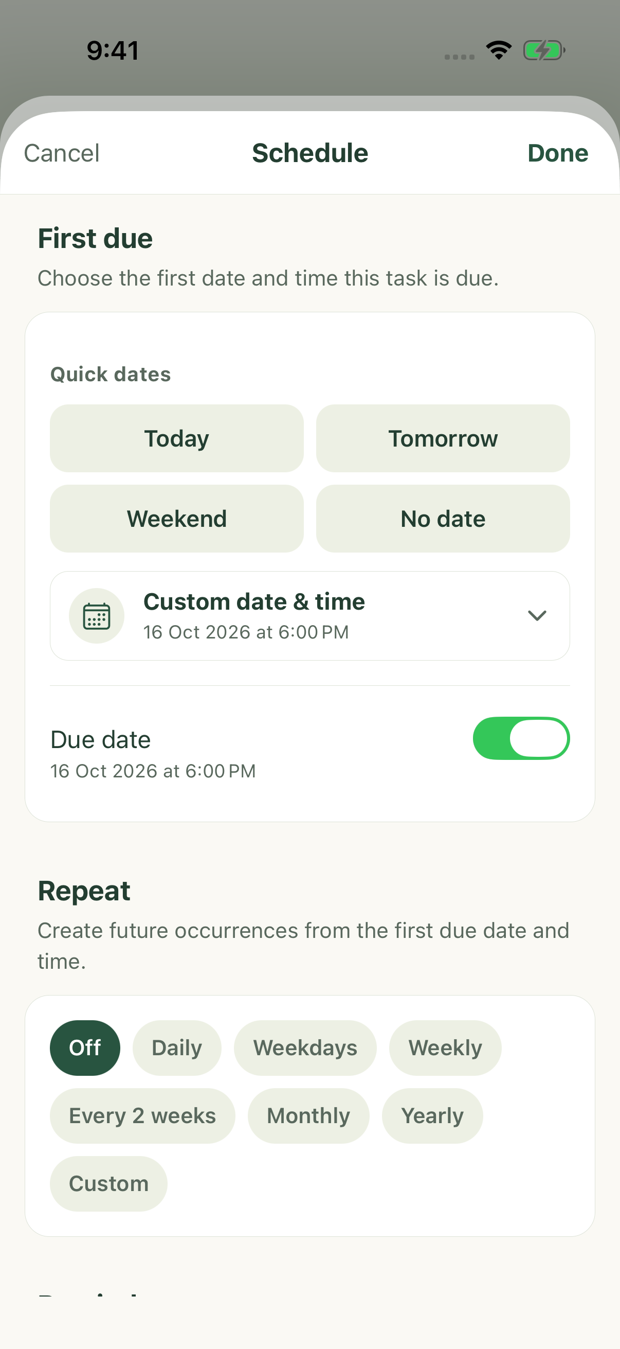 First due date and recurrence controls on iPhone.