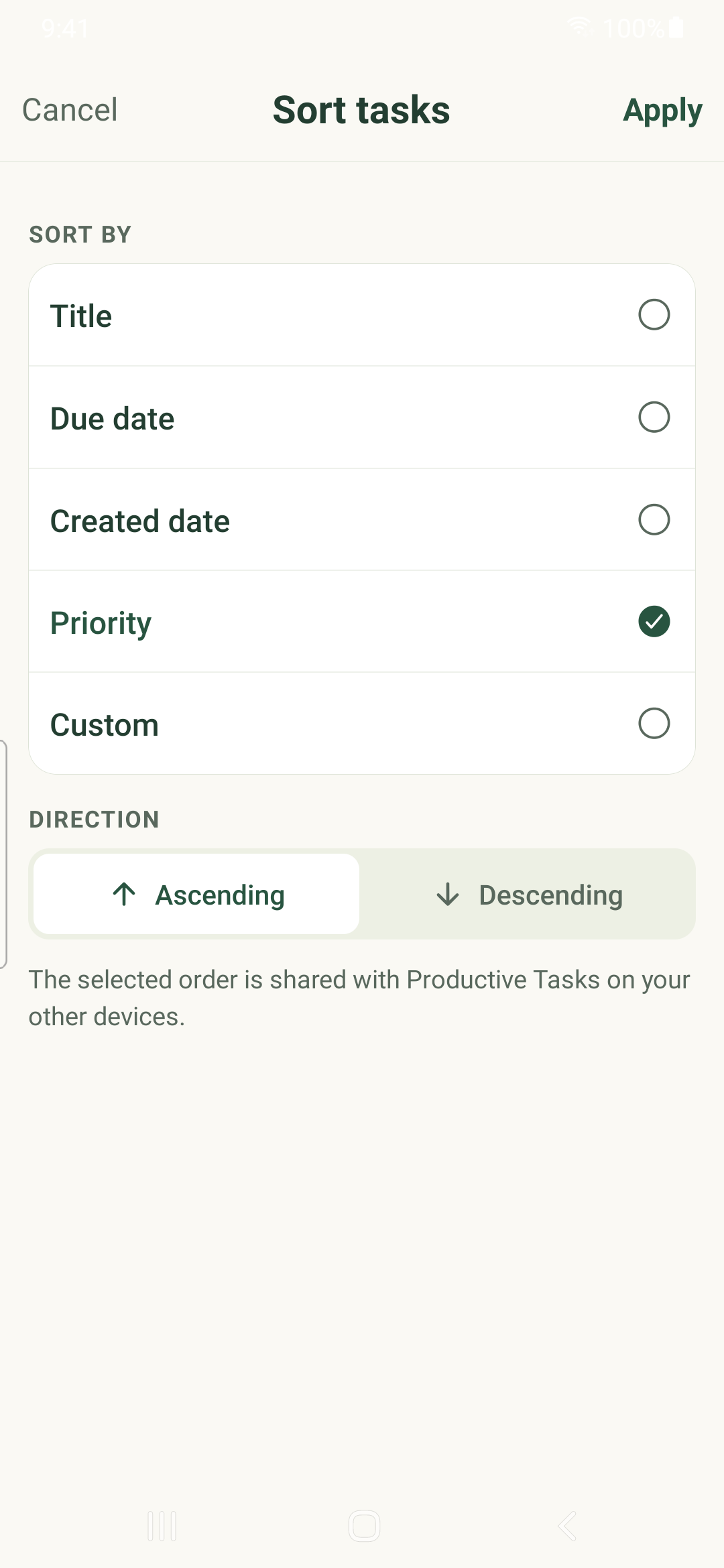 Sort field and direction, including Custom on Android.