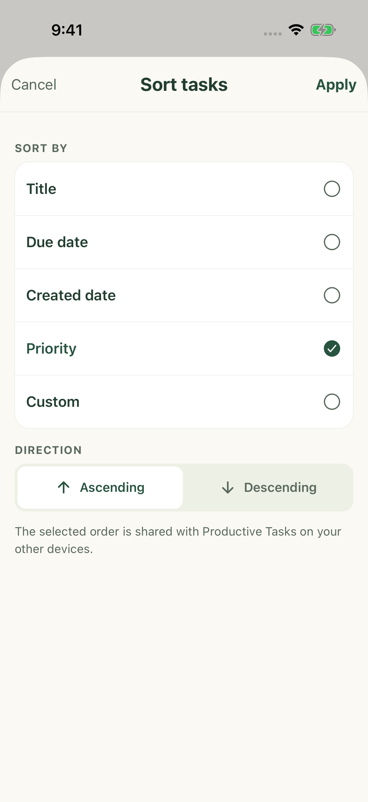 Sort field and direction, including Custom on iPhone.
