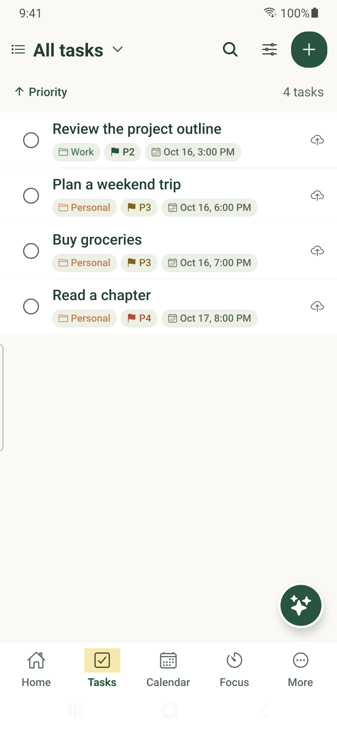 Tasks list with fictional weekend and work tasks on Android.