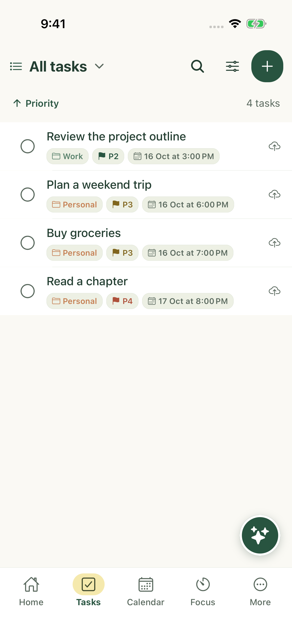 Tasks list with fictional weekend and work tasks on iPhone.