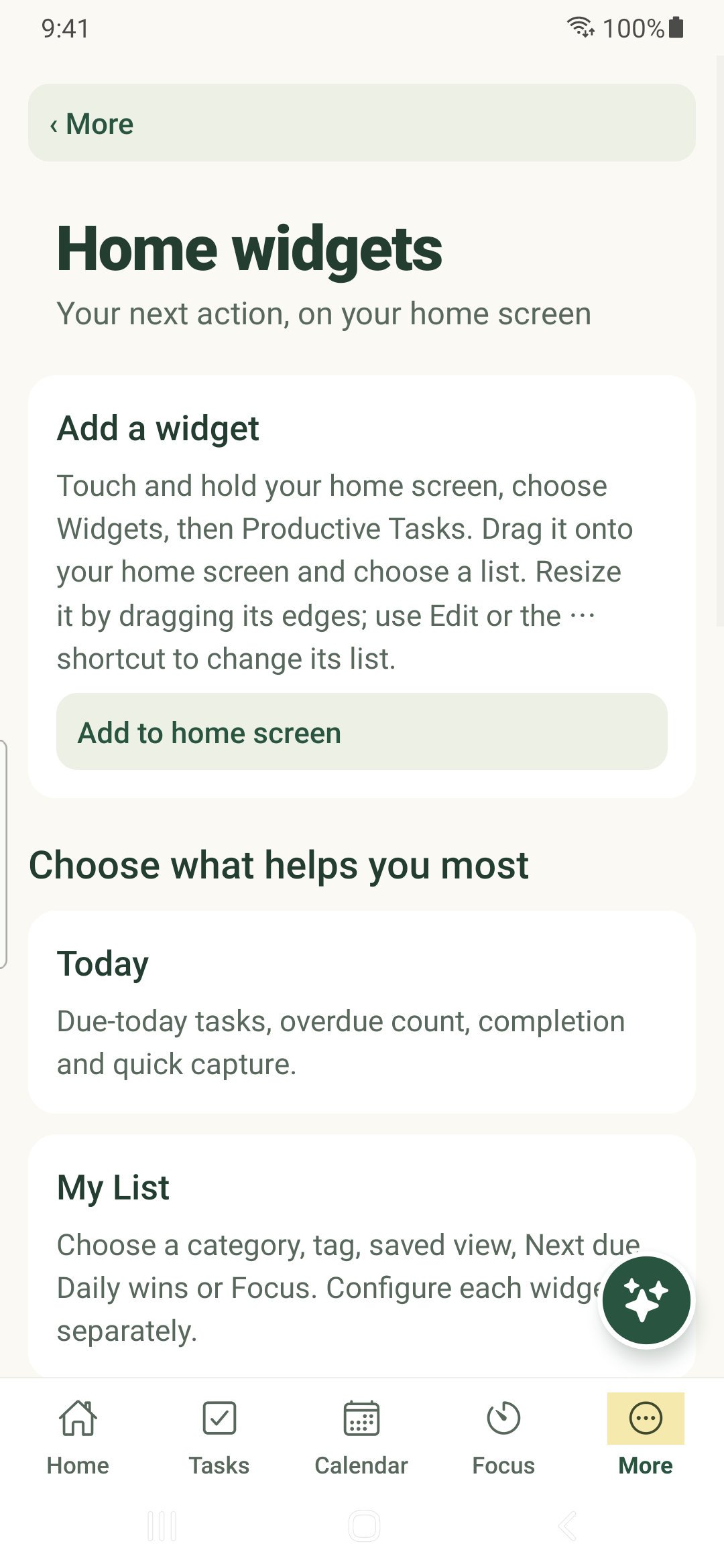 In-app widget setup options on Android.
