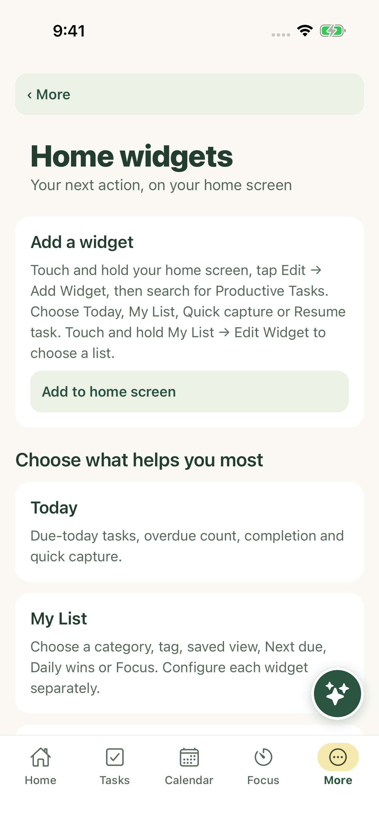 In-app widget setup options on iPhone.