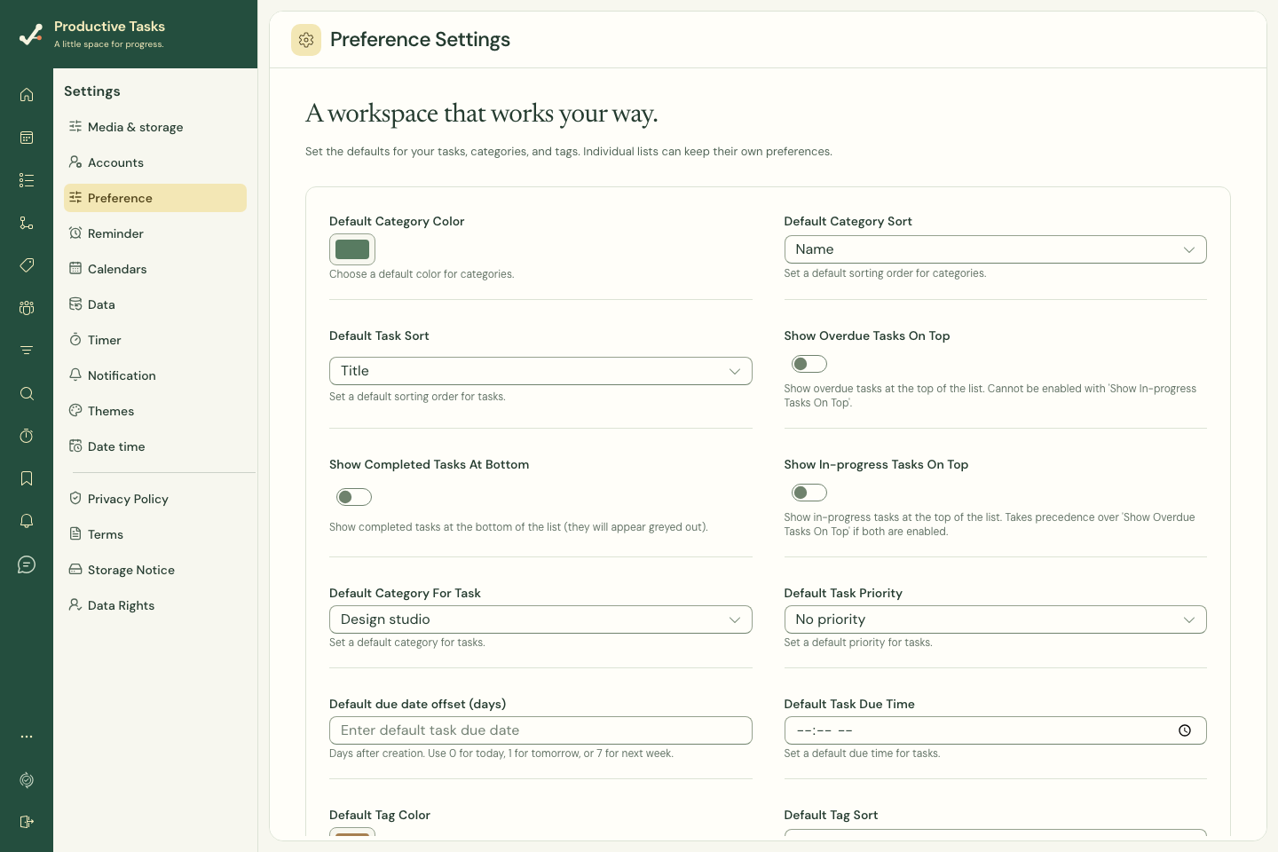 Preferences for task creation and list organization.