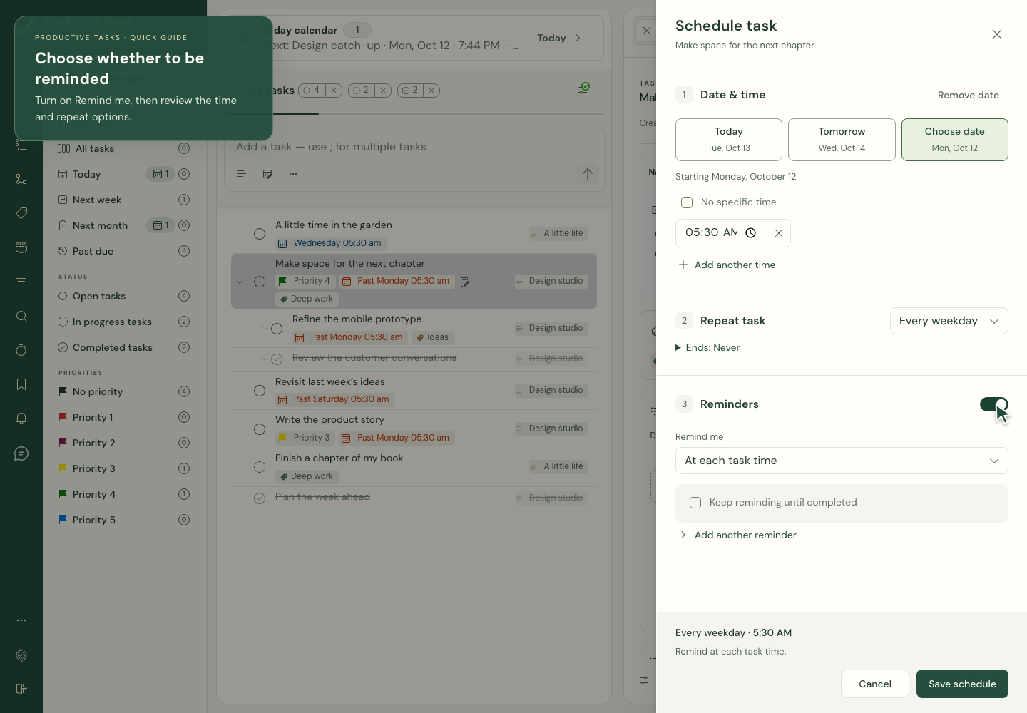 The Remind me switch and per-task reminder controls inside Schedule.