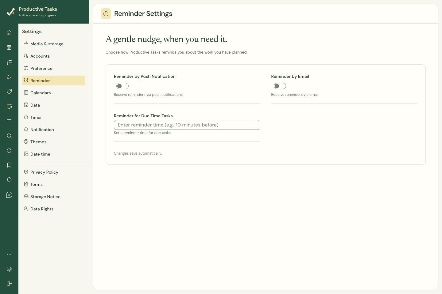 Reminder settings for delivery preferences and due-time lead time.
