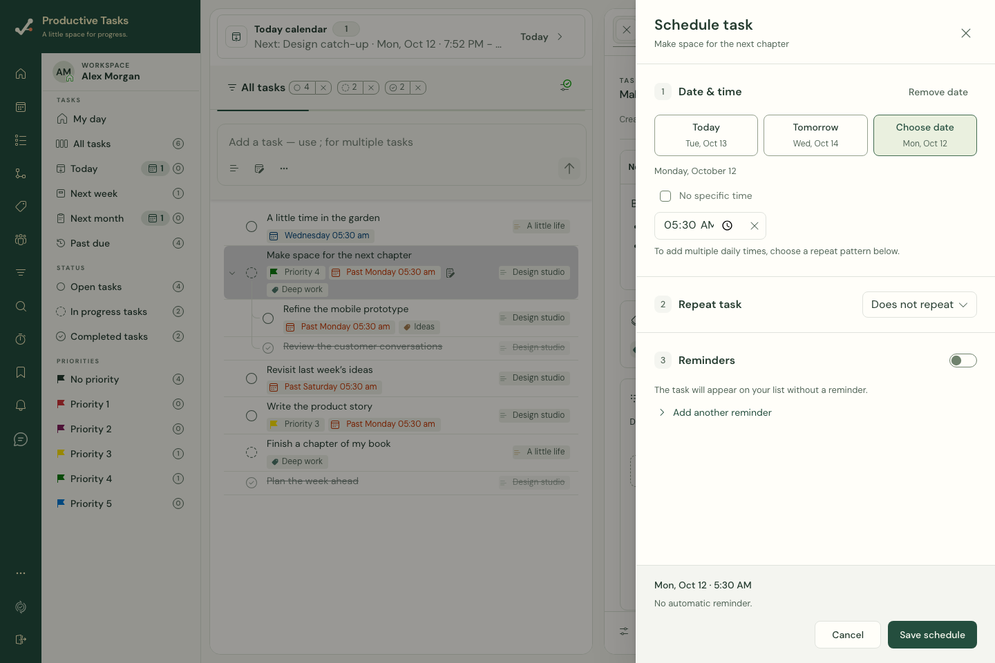 Schedule combines date and time, repetition, and reminders.