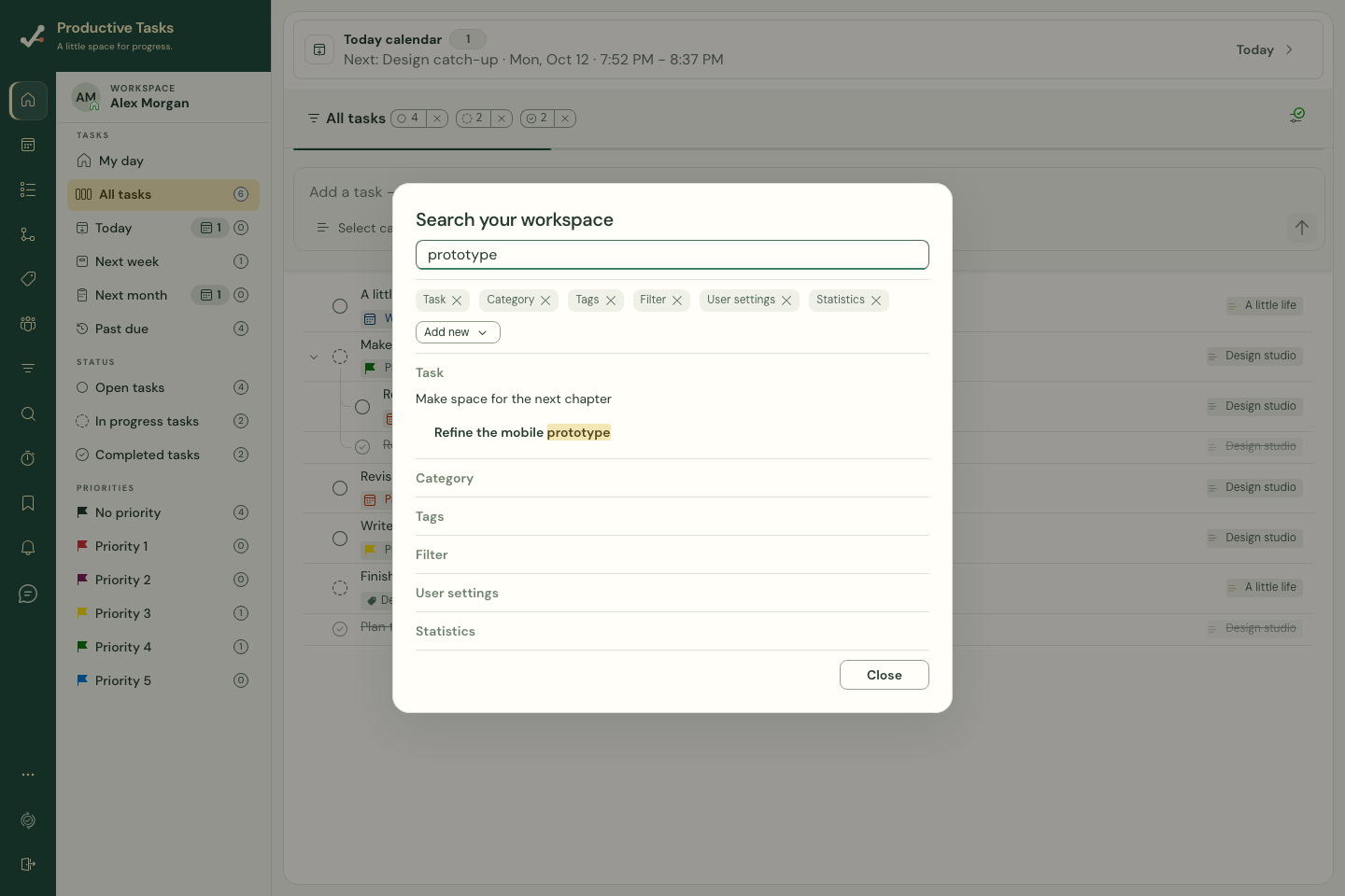 Search across tasks and workspace destinations.
