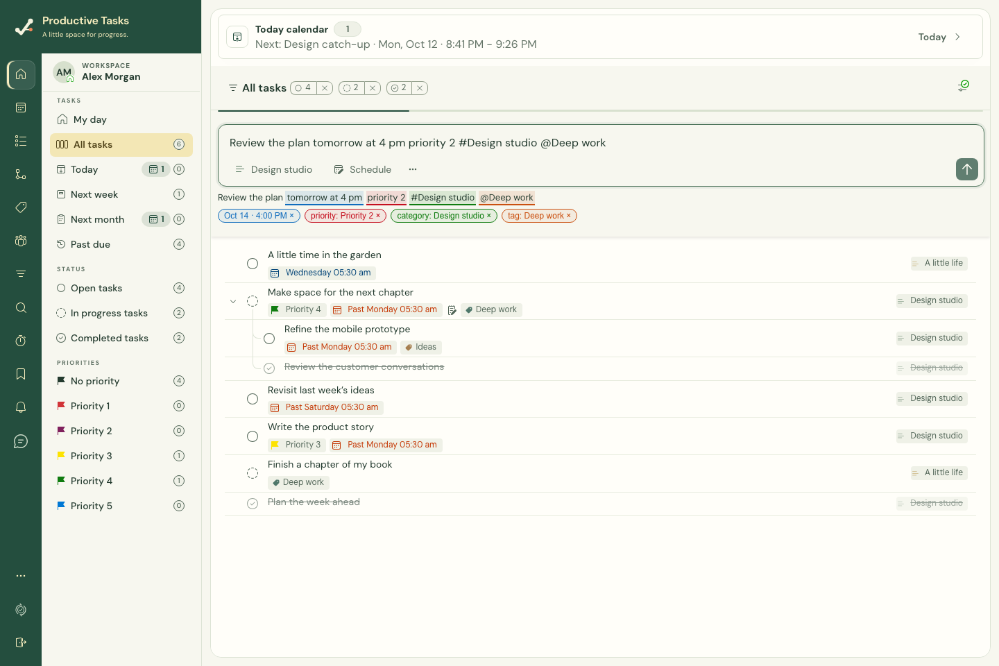 A task draft with date, priority, category and tag suggestions beneath the unchanged title.