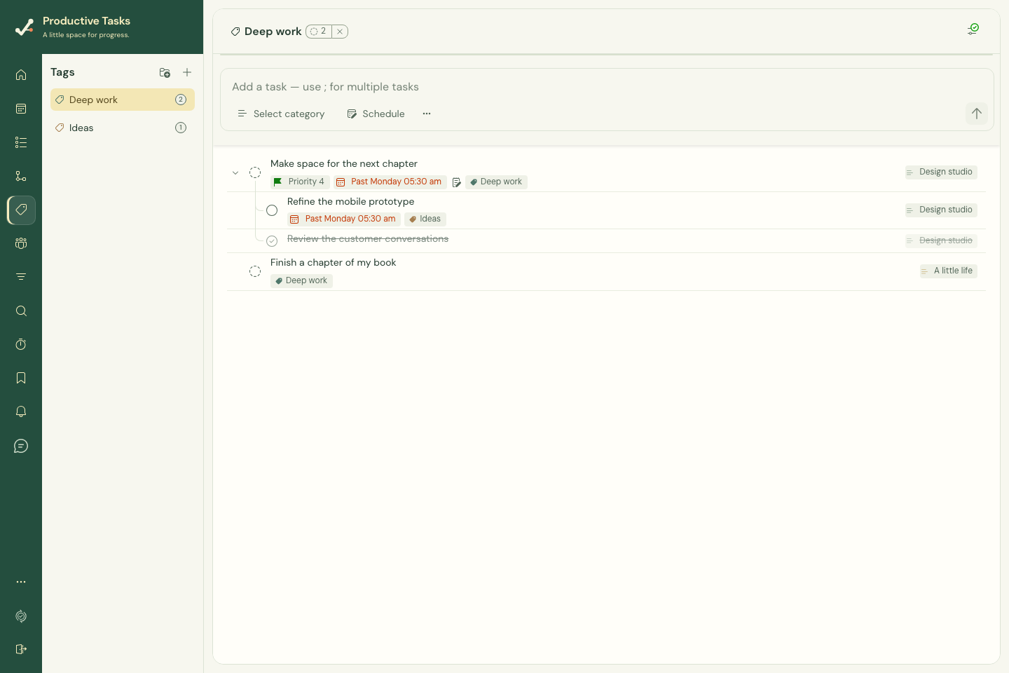 A tag view showing related tasks with their tree context.