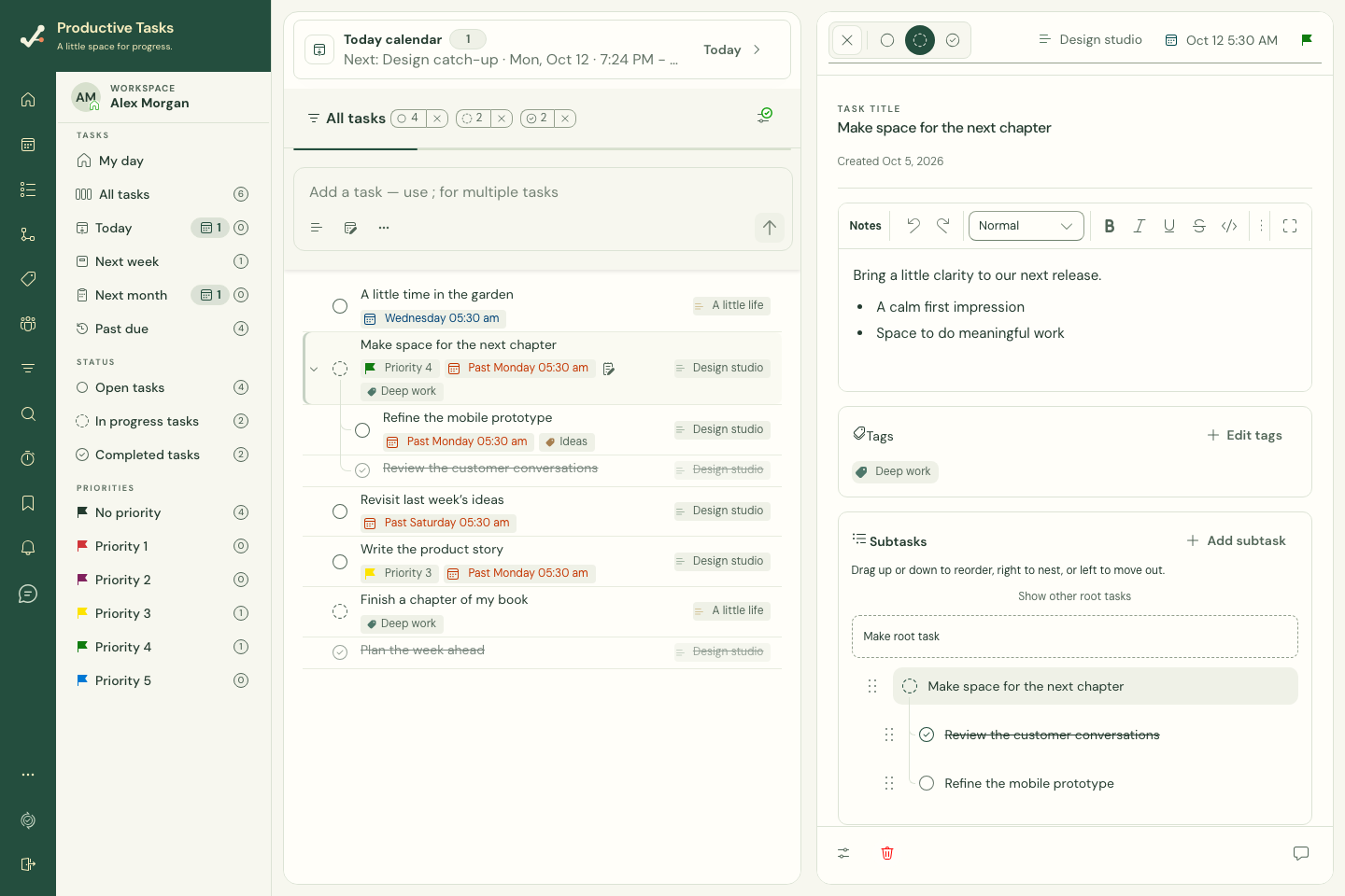Task details open beside the list on a wide screen.